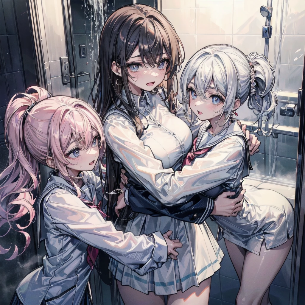 a detailed photograph of girls with messy hair. wearing school uniform . black-white-pink-silver-yellow colors, full dynamic color, close up character, intricate, kiss, hug, kissing breasts, short blonde hair, in a shadowed archway, (fairy tale) magical setting city alley, (night time) . lovers, 2girls, miniskirt, (open eyes), oil painting