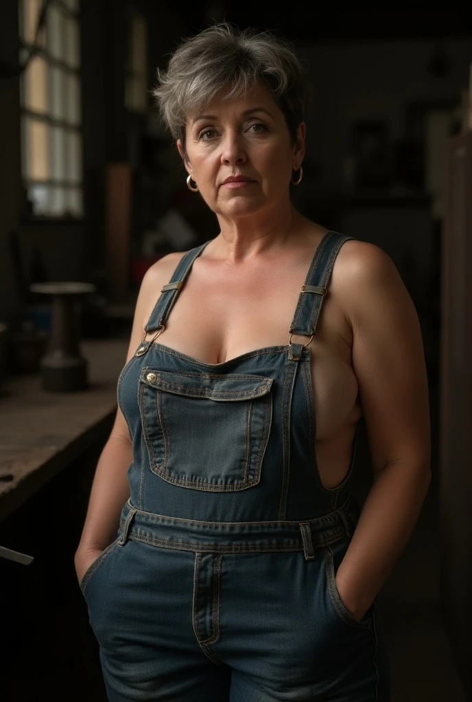 (naked aged 55 yo housewife in prison), ((guard man in background)), aged 40yo, full bodied portrait, hairy pubic, female pubic hair, tired, elongated face, high forehead, beautiful eyes, big blue eyes, 
(significant huge heavy breasts:1.1), (pubic hairs:1.3), (wide hips), open mouth, showing pussy lips, 
pale skin, natural skin, wrinkles, pore, barrel, prison bars, 
(((RAW Amateur Photo)))