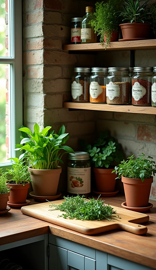  spice rack in the kitchen 、Countless spices 、Potted plants with herbs in the kitchen、 fresh herbs on a cutting board、 beautifully displayed seasonings 、Beautiful Kitchen、Extremely clean work surface 、