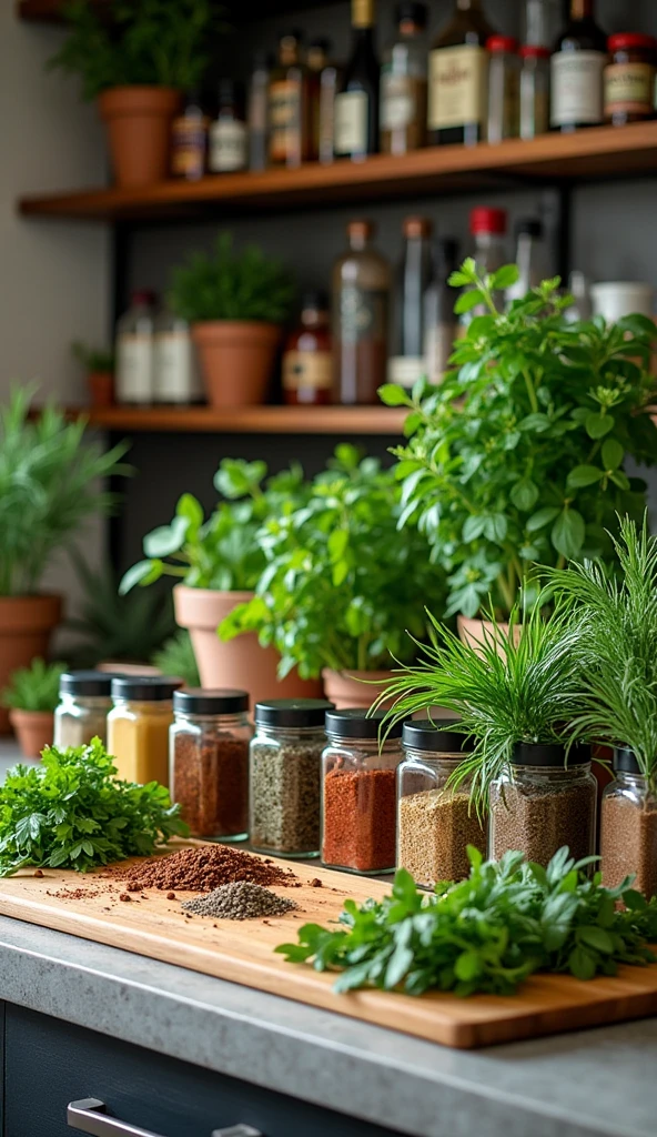  spice rack in the kitchen 、Countless spices 、Potted plants with herbs in the kitchen、 fresh herbs on a cutting board、 beautifully displayed seasonings 、Beautiful Kitchen、Extremely clean work surface 、