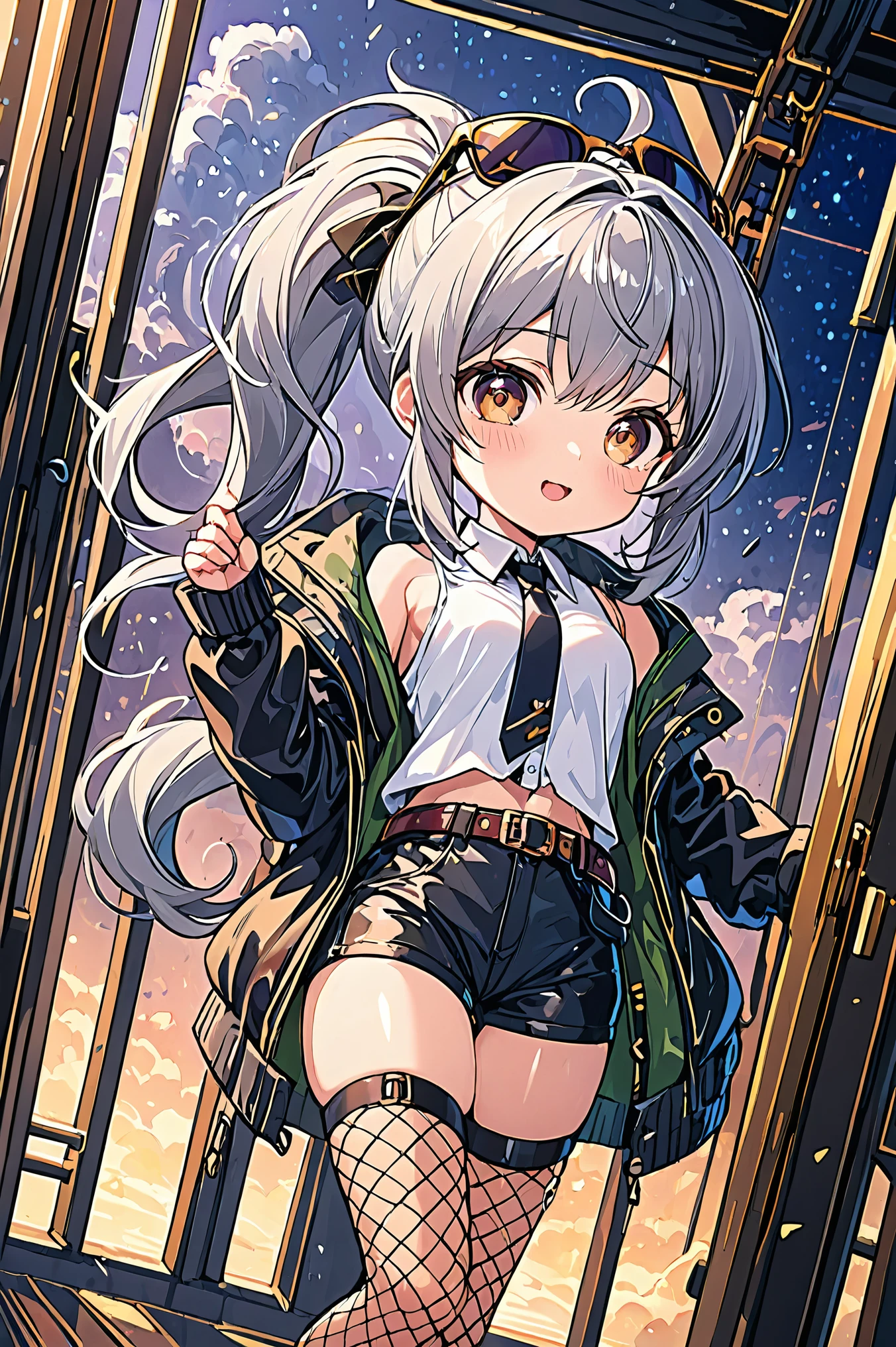 (solo),1girl\(smile,(muscular:0.7),sexy, Adult, cute,(Chibi:0.5), full body, big Eyes\(purple\), long hair, (gray hair:1.4), [(gradient hair from dark-purple to white :1.4):0.6], (1ponytail:1.3),[twintails:2.0], muscular ,Leather Belt, ((white:1.2) sleevless Shirts), (shirt collar:1.3),(over knee Socks\(fishnet\):1.2), short boots\(Military, leather, Brown\), (sunglasses\(Reflects iridescent colors\) on head:1.5),open stomach, black Pants\((micro short:1.3) pants\),Jacket\(Military,long-sleeve, on Shoulder,\), (abs:0.8), Gloss Skin,Skin color light-brown\), background\(airship in the sky\), BREAK ,quality\(8k,wallpaper of extremely detailed CG unit, high resolution, top-quality, top-quality real texture skin, hyper realistic, increase the resolution, RAW photos, best quality, highly detailed, the wallpaper,golden ratio,high saturation realism, vibrant colors, dramatic lighting, persuasive storytelling, atmospheric scenery, captivating visuals, intricate details, strong emotions,dreamlike world\),(dynamic angle:1.2)