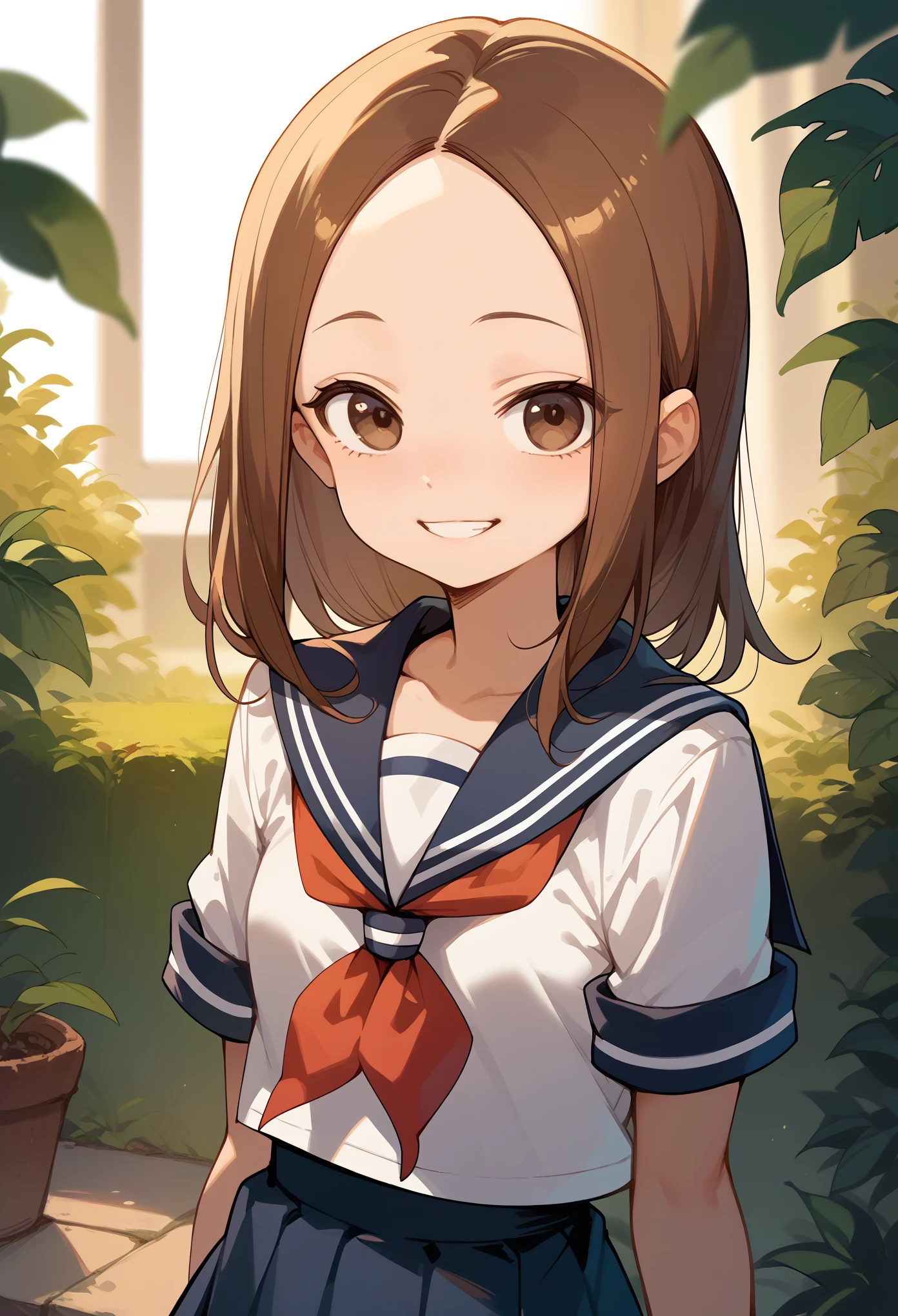 masterpiece, High Resolution ,Best Quality,8k
(MS. Takagi-san who is good at pranks,skinny,Small breasts)
(Brown Hair, semi-long, Center Part,Wide forehead, big brown eyes )
 mischievous smile
(Sailor suit)