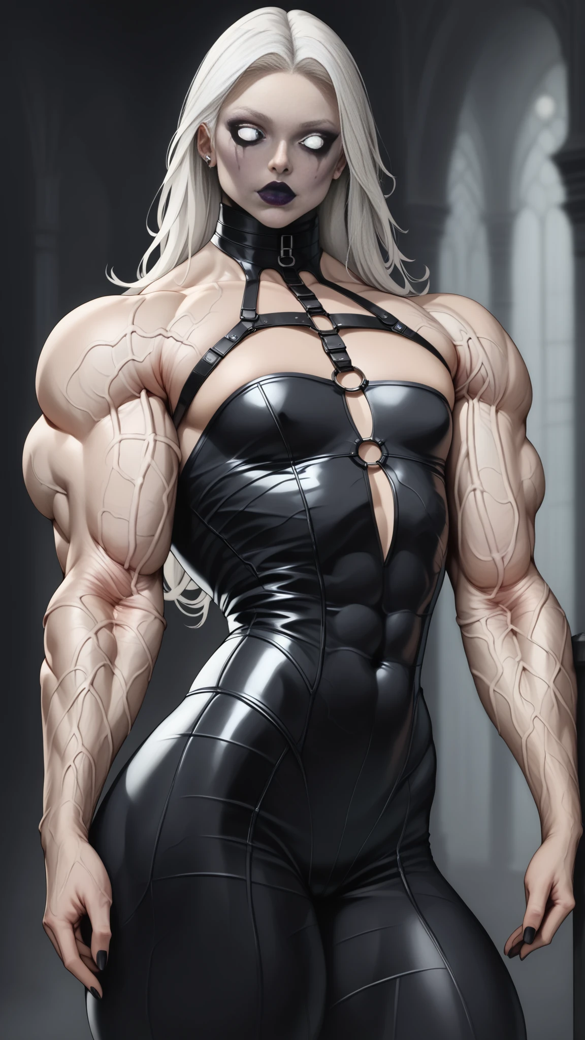 score_9, score_8_up, score_7_up, photo, photorealistic, Gorgeous sexy muscular (skinny) Lady Death, (white eyes, white sclera:1.25), latex body harness, thigh high boots, goth makeup, (masculine muscular physique:1.5), long white hair, (veiny muscles:1.5), flat chest, (Wide chest & shoulders:1.5), (skinny legs:0.6), sinozick style, skindentation, 