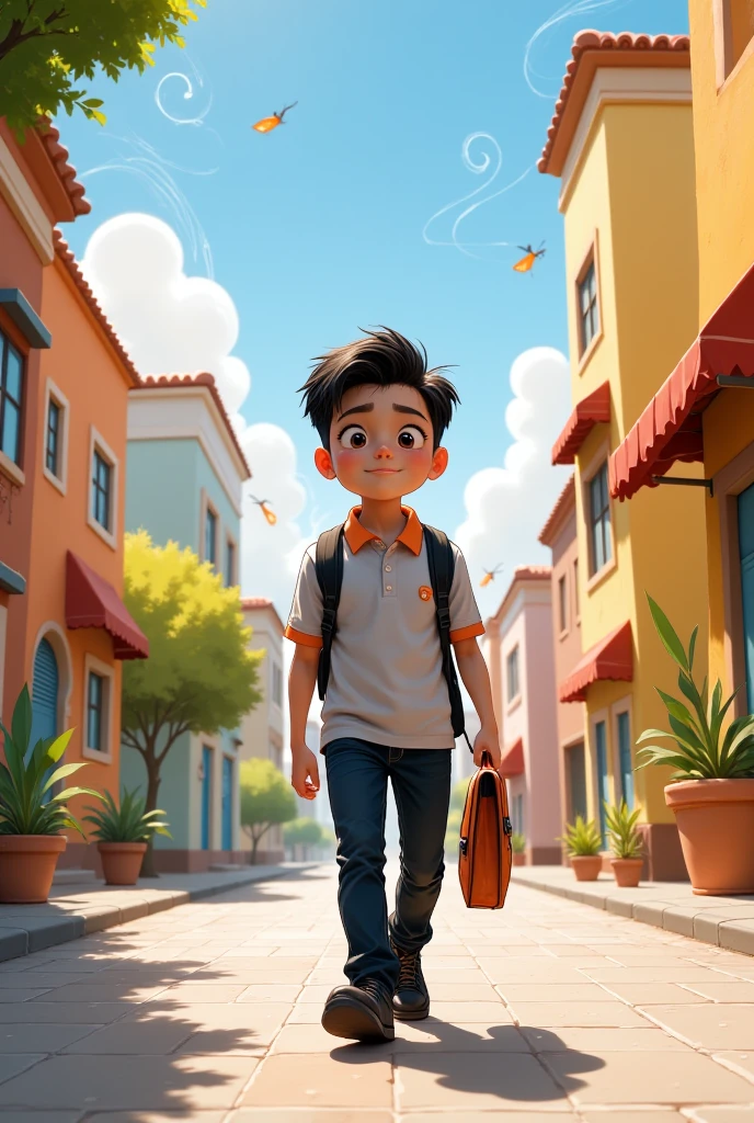 Pixar style poster of young Latino student dressed in black pants and light grey polo shirt with orange collar and sleeves, black shoes. Walking to school "INED".