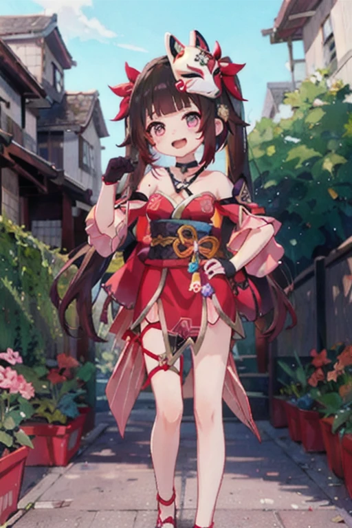 1girl, sparkle \(honkai: star rail\), twintails, hair ornament, solo, off shoulder kimono, mask on head, detached sleeves, choker, obi, single glove, wristband, criss-cross halter, thigh strap, cowboy shot, standing, japanese street, outdoors, depth of field, smug, open mouth, hands on hip, looking at viewer , full body