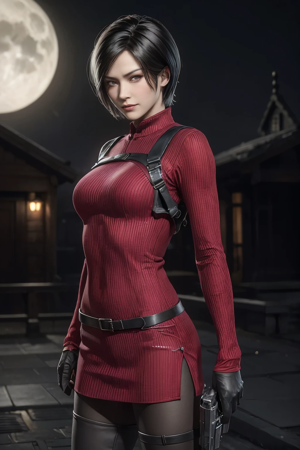 1 rapariga, solo, Ada Wong in Resident Evil 4 Remake, short detailed hair, brunette color hair, Red cheongsam, Short-sleeved shirt, Nero, nedium breasts, upper limbs, hindquarters, Black heels, Adriana's face, Find your audience, sly smile, A pistol was hung on her waist, best qualtiy, hight resolution:1.2, 18th century village in the background, Shadowing, Nightmare, rays of moonlight, Upper body photography, Low camera angle、depth of fields、center focused