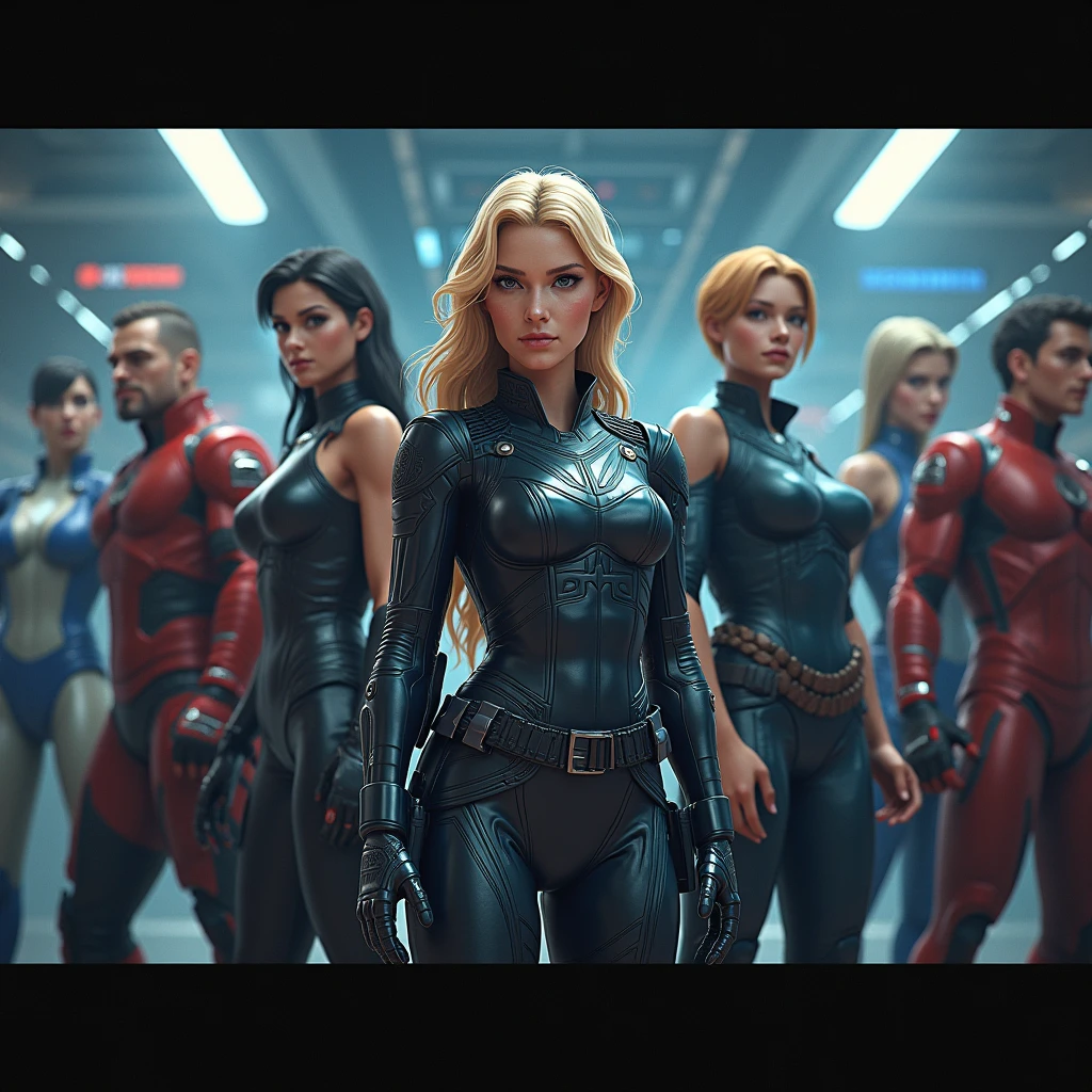 ultra detailed, masterpiece, best quality, supergirl, smile, skin tight high cut skinny bodysuit, cyberpunk style short red cape, blonde ponytail, exposed neck and collarbone, bare shoulders, detailed blue eyes, small breasts, red thigh highs boots, cyborg, robotic parts, luxurious cyberpunk, public, photographer, press conference