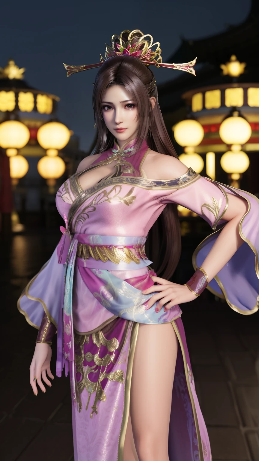 ZSWSdiaochan, 1girl, solo, brown hair, long hair, dress, breasts, clothing cutout, wrist cuffs, obi,headgear,flower,looking at viewer, jewelry,ponytail, cityscape, night, mature female,hand on hip,
