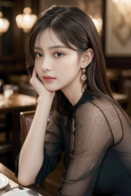 masterpiece, highest quality, Realistic, Very detailed, Finer details, High resolution, 8k wallpaper, One beautiful woman, Wear a black see-through shirt, In a great restaurant, At night, Light brown messy hair, Perfect dynamic composition, Beautiful and beautiful eyes、Big earrings