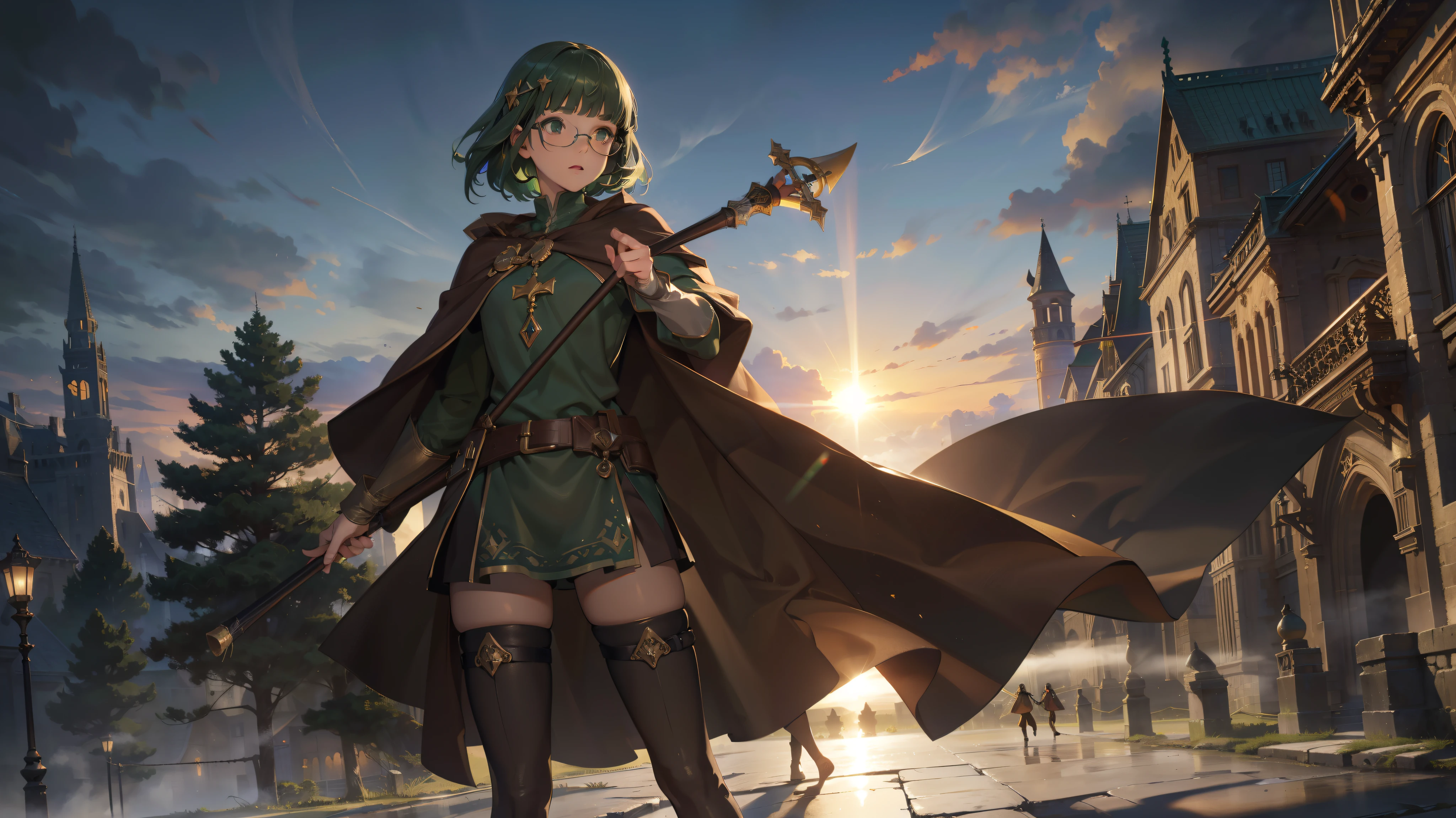 masterpiece, ultra detailed, 8k portrait, RAW photo, portrait photography, highly detailed face, beautiful and meticulous eyes, ((Fantasy)), Young beautiful, 15 years old, girl, dynamic pose, (((short deep green bobbed hair))), blunt bangs, White skin color, glasses, Luxury, (((tunic and short skirt))), (((brown cape))), (((little waist hip pouch))), (((dark thigh high tights))), high cut leather boots, ((holding long magical staff)), Midday Sun, hyper realistic, slender body, flat chest, Long legs, on the medieval road, Ambient lighting, Shadow details , Camera focus on face, strong breeze, Light fog