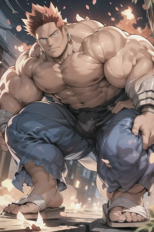 Endeavor from My Hero Academia, covered in flames, full body, Japanese, (7 daddy:1.1), (wearing a black jockstrap), (big shoulders), musculature, strong physique, thick muscler (Detailed body), realistic blue eyes, deadpan,lighting, (Best quality, A high resolution, Photorealistic), Cinematic lighting, Masterpiece, RAW photo, Intricate details, hdr, depth of field,, (realistic:1.4), (from the front),  Huge nice genital bulgingl area, Huge bulge,  8K. 4K, torn costume, 