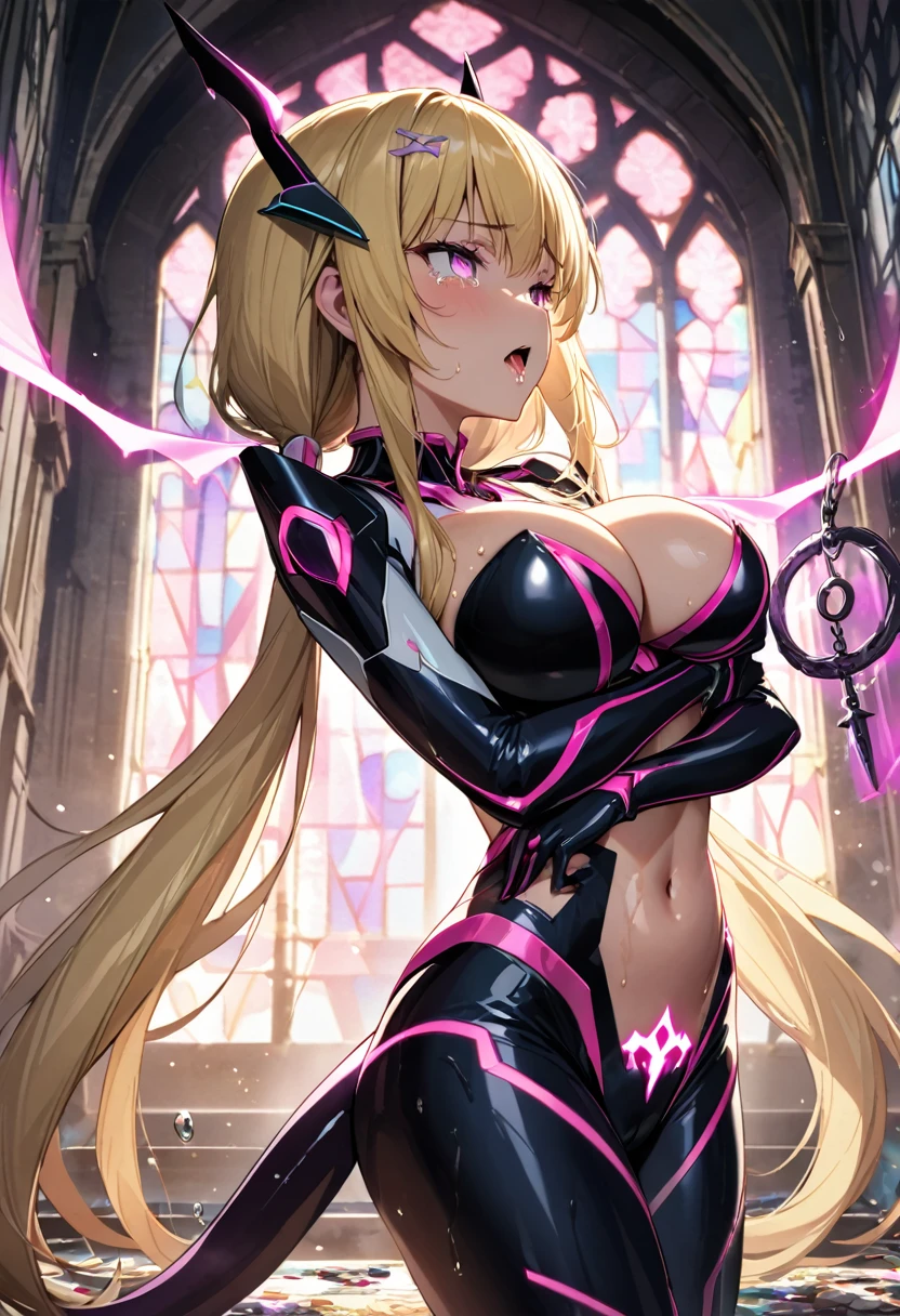 (masterpiece),(Best Quality),(Super detailed),( BEST ILLUSTRATION),( Best Shadow ),(Absurd),( detailed background),(so beautiful), 16k, 4K, (so beautiful), One person, Alone, ((angelabalzac, , low twintails, Deva battle suit, Blonde, , Star-shaped hair clip,  headgear , )), , break (Oculogyric crisis, empty eyes, blank eyes, , cross-eyed, rolling eyes, pink eyes, spoken heart), , , , sexual gesture, , break , , , , , , , , , , , , , , , (Arched back, tongue out, , , orgasm, afterglow, erotic smile), , , , ,  sexy posture, , (Breast fetish, ),  beautiful nipples, , water eyes, tears, drugs background ,  drugs scattered on the floor, , Taking illegal drugs, saliva trail, , shiny skin, Wet, , break,  Dramatic Lighting, Tyndall effect, cinematic lighting, , , , , Torrent of Light, Mysterious Light, , stained glass, dark night ruin, , , Psychedelic Background, Big Breasts, Thin waist, Immoral, succubus tail, hypnotism, Hypnotic state, , , (Staring at the pendulum), , pink glowing tattoo, crotch tattoo, , ,  open your mouth sloppily,