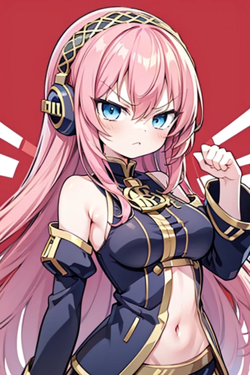 Megurine Luka, Megurine Luka in official costume, Extremely Angry Face, 1girl, pink hair, medium breast, angry, angry face, raised hand, hand raised and making a fist, red shiny background, blue eyes, headphone