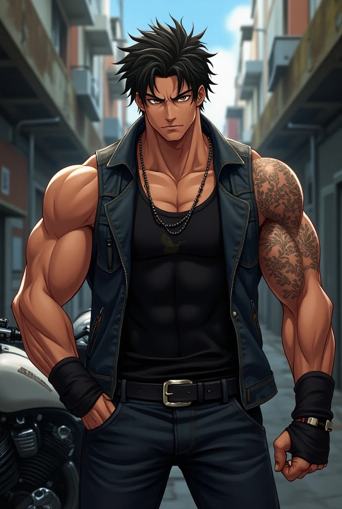 Imagine a 30-year-old human MAN, standing at a towering six feet ten inches, with a slight stubble on his chin and incredibly muscular build. Style him in a shounen anime aesthetic., All your teeth are extremely sharp and pointy, He has a pair of red eyes, which have many different dark circles., His body is completely covered in scars and full of large scars of all kinds all over his body, He also has long, messy, dark straight hair that reaches his neck, He has an extremely calm, attractive and friendly face and personality, He doesn't have any tattoos.