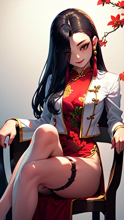 masterpiece:1.5, shenhua, Delicately drawn face, Delicately drawn makeup, Delicately drawn eyes, White Midriff jacket, chinese clothes, red china dress, (red china dress is long front), thigh strap, earrings, black hair, 1girl, solo, Looking side, Side angle:1.5, smile. Delicate use of colour, Sit on a chair, Cross your right leg over your left,