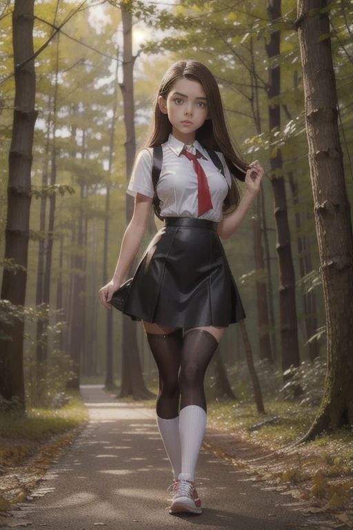 ((in the dark place, in a deep passage in the forest, mountainscape, dark hour from below, Trees)), (((Round face))), (blush, gaping mouth), ((big areolas, Glossy lips)), (((eccentric pose, bending your knees to open your legs))), ((showing off your pubic hair and genitals)), (young woman, shorth hair, Braid, summer white shirt, cinta, 's uniform, tennis, school bag, medium squat),