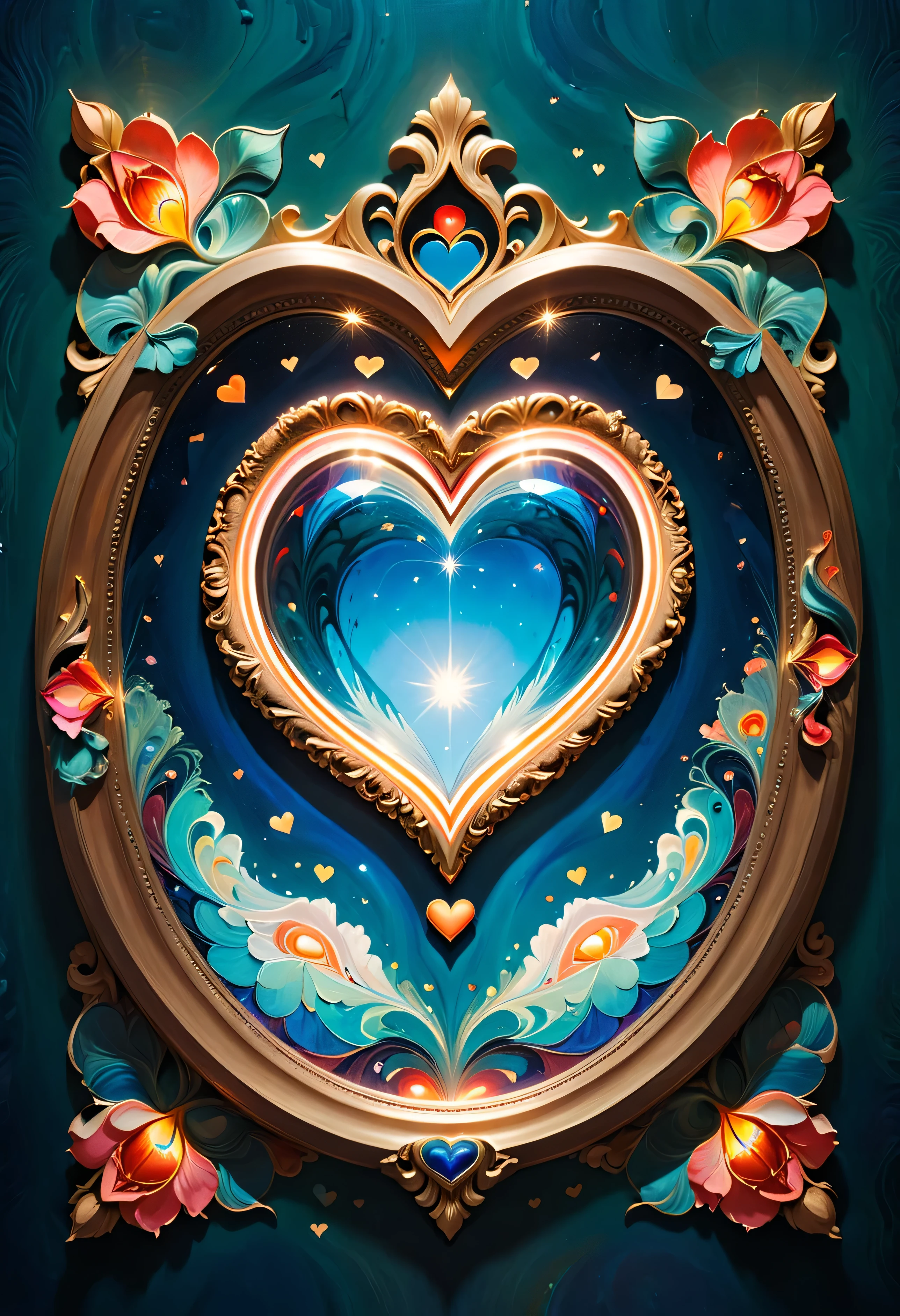 (((Masterpiece))), Best Quality, High-resolution photograph, Sharp details, Create a high-definition, an abstract and surreal artwork inspired by Rumi's quote: "As you live deeper in the heart, the mirror gets clearer and cleaner." The artwork should prominently feature a glowing heart that radiates warmth and happiness. A mirror is also central, reflecting clarity and purity as if cleansed by deep emotional or spiritual growth. The overall tone of the piece should feel ecstatic, surreal, and uplifting, blending dreamlike elements with vibrant, glowing visuals to evoke a sense of deep joy and self-discovery. 4k, 8k