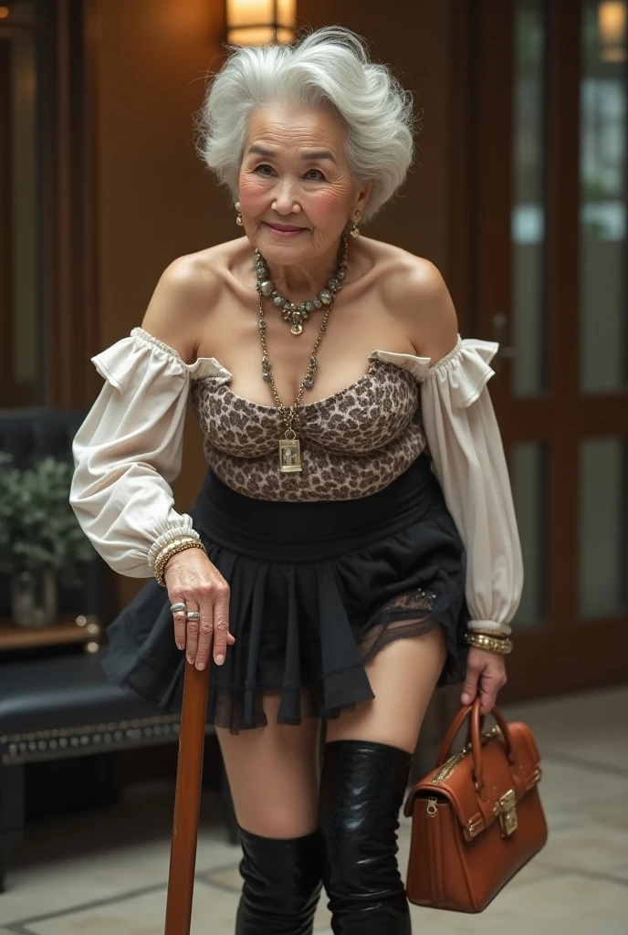 ((best quality)), ((Masterpiece)), (4k details), (((Old Asian woman))),(((Two legs))), (((two arms))), (((madame, very old))), (((Old and withered))), ((Age 70)), (((70 year old woman))), ((70 year old woman)), ((Withered skin like an old person)), Twintail hairstyle, ((red short skirt)), ((purple leather corset)), big breasts, red lipstick , Eyes looking at the camera, (m leg see pussy), ((Shit comes out of the asshole.)), ((I&#39;m broke.)), (red leather gloves),