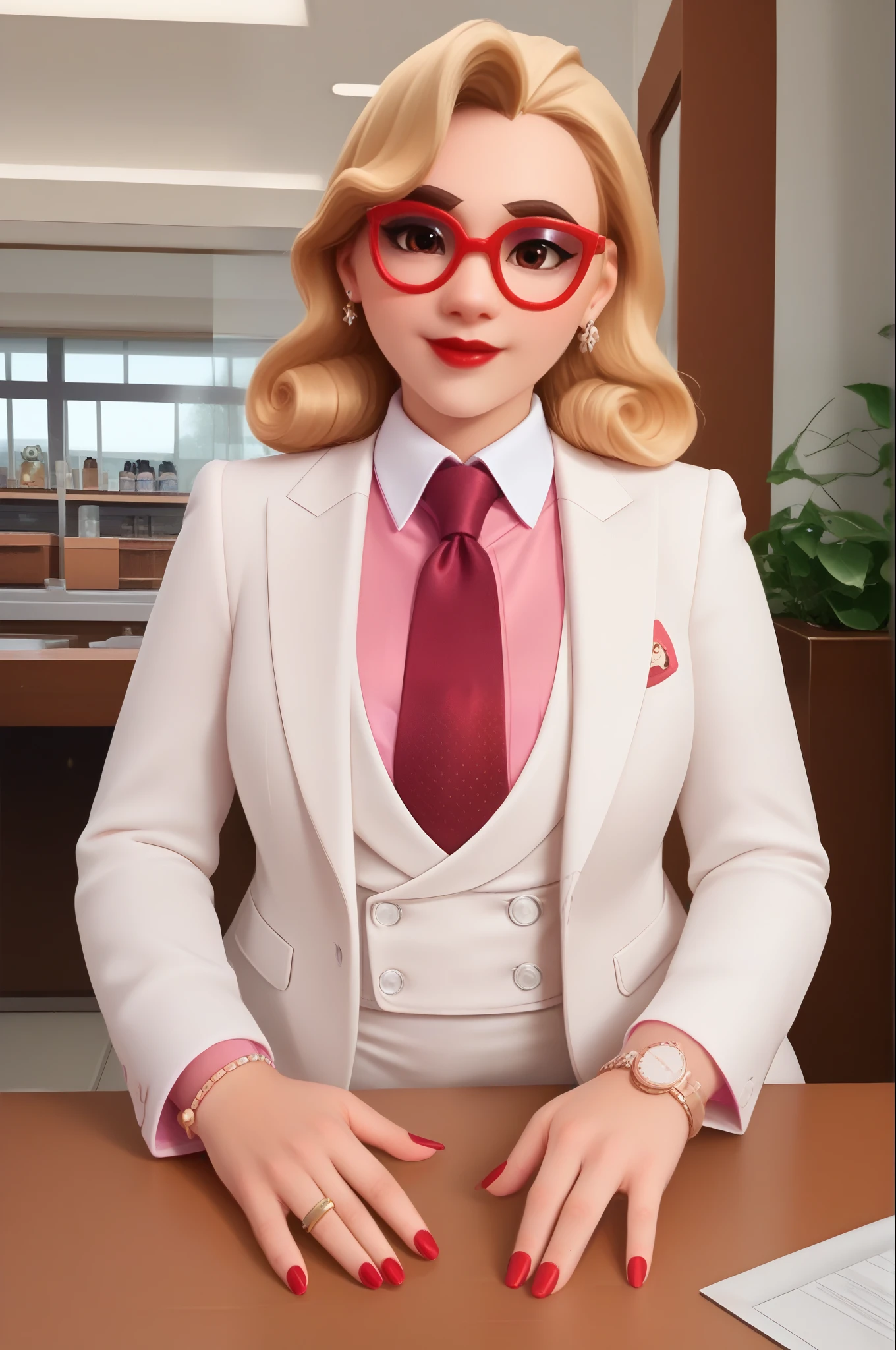 score_9, score_8_up, score_7_up, 1girl, sprinkles mei, mei (overwatch),  three-piece suit, 1girl, solo, blonde hair, glasses, sprinkles mei, smile, pretty, formal, jewelry, (((white skirt suit))), (((red silk necktie))), earrings, (((white jacket))), (((pink shirt with white collar))), sitting on table, (((high heels))), window, watch, jacket, wristwatch, white shirt, red lips, (((white pencil skirt))), (((bodycon pencil skirt))), makeup, black stockings, garter straps, cufflinks, red nails, fully clothed, red lipstick,   in a 50´s restaurant, long sleeves, shiny clothing, tight clothing, (((tight skirt))), silk shirt fabric