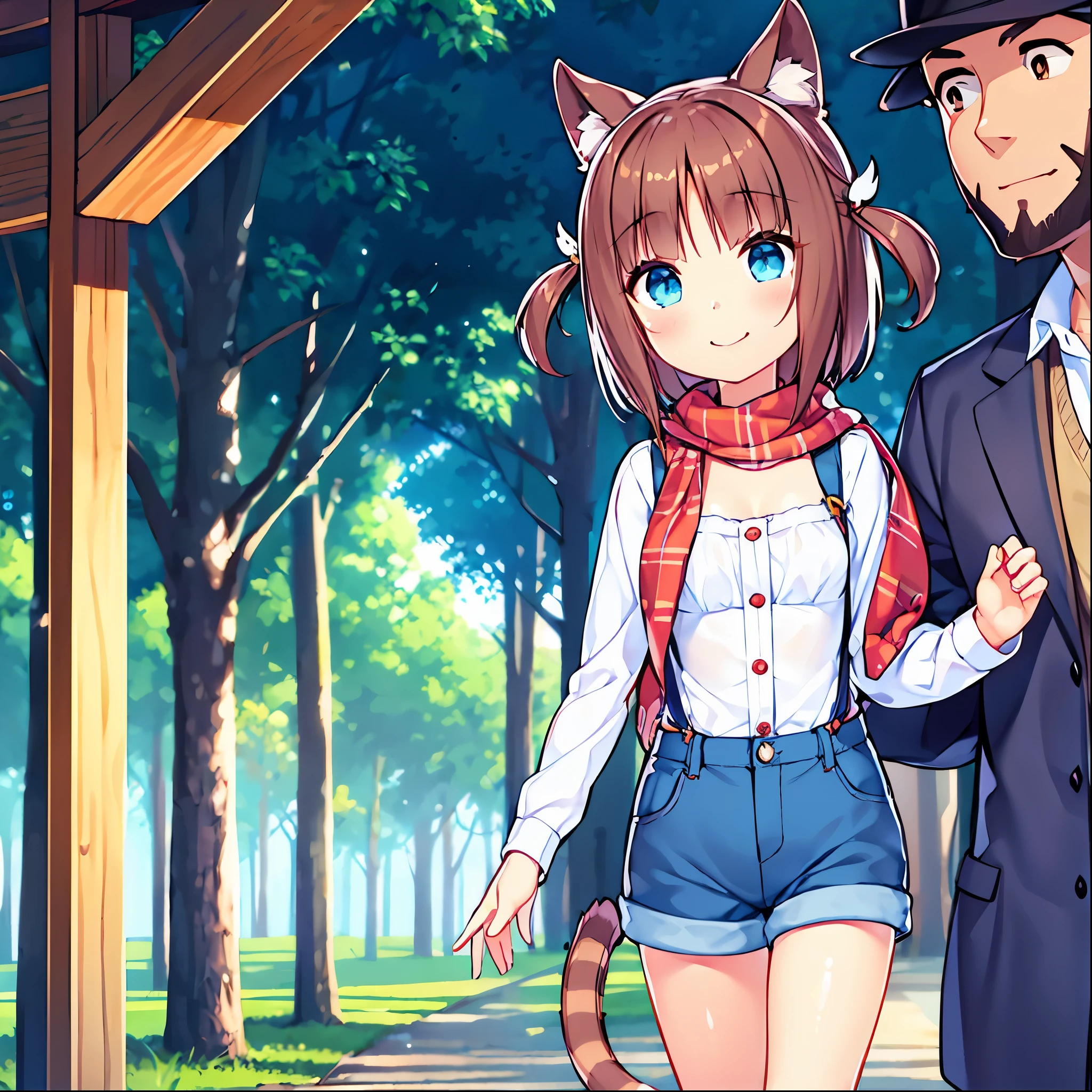  best quality、8k、Ultra-precision imaging 、One Girl、1 male with brown skin、blue eyes、Brown Hair、Cat ears and tail、Small breasts、white shirt with brown suspenders、1 blue feather hair ornament、、Blue scarf、 denim hot pants、 white sneakers 、Bright Forest、smile、A man strokes a girl's head