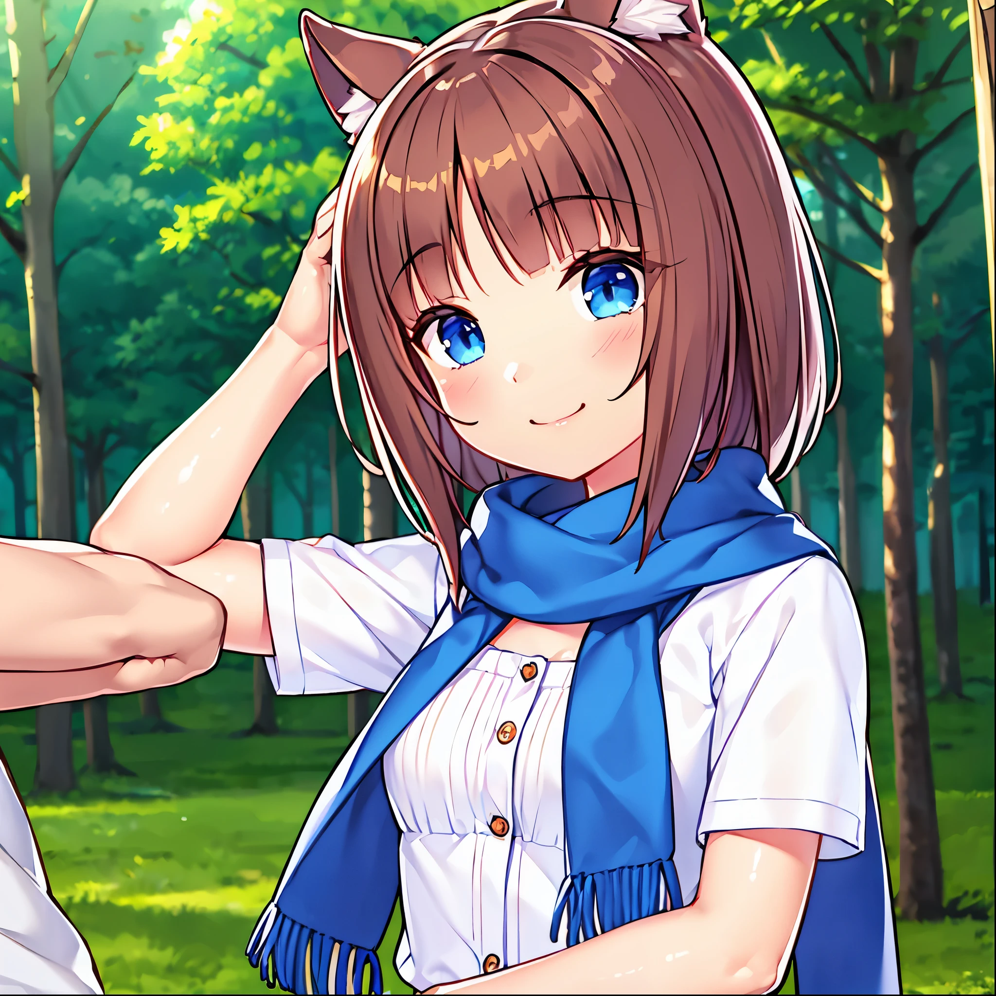  best quality、8k、Ultra-precision imaging 、One Girl、1 male with brown skin、blue eyes、Brown Hair、Cat ears and tail、Small breasts、white shirt with brown suspenders、Blue scarf、 denim hot pants、 white sneakers 、Bright Forest、smile、A man strokes a girl's head