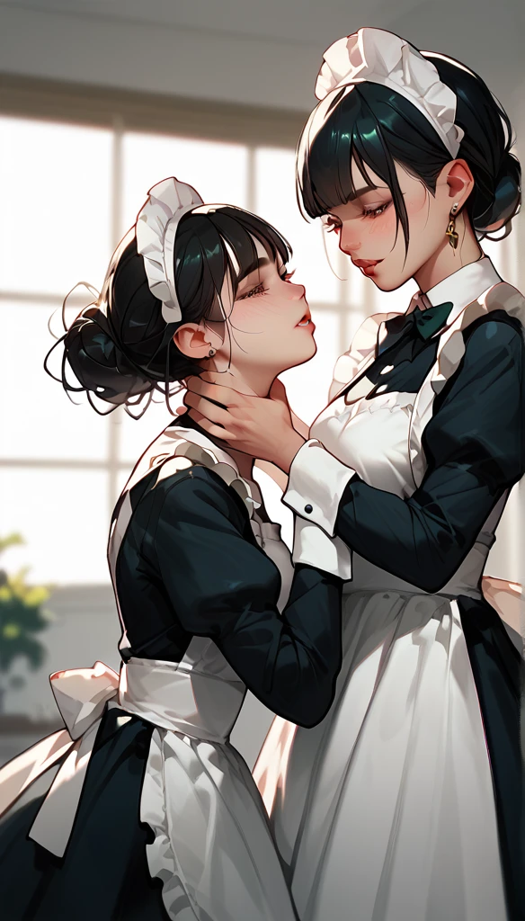 Anime Women, Maid uniform, , both hands, holding neck, lifting upwards