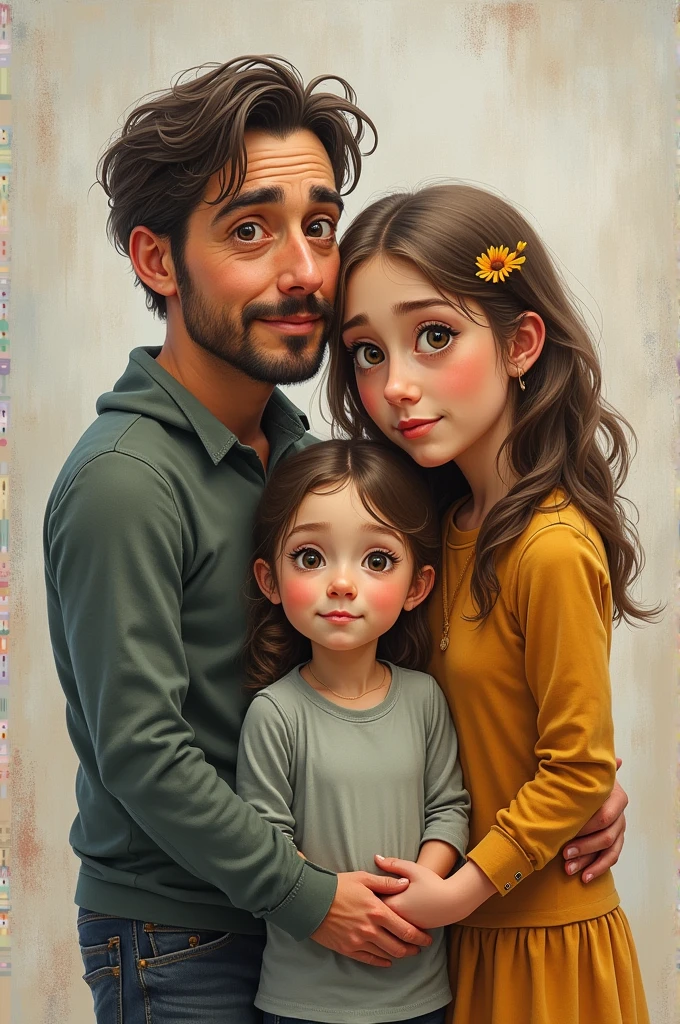 woman from 40 to 65 years old with a round face, big eyes, lentes, brown skin, long black hair, with a blue dress,  with a husband of 40 to 75 years old with a round face, big eyes y cafes, skin a little brown, slightly long wavy black hair, with comfortable clothes, with 3 girls and 3 boys similar to both,  with a fund half of an oil plant
