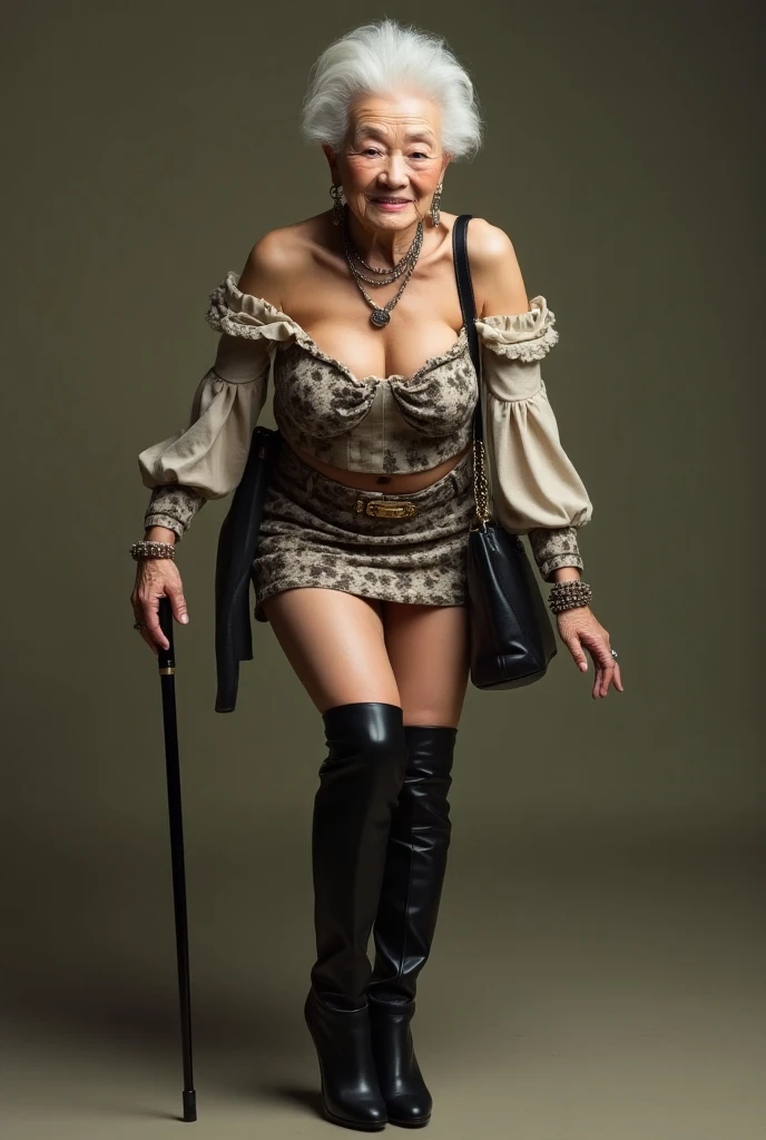 Japan 100 years old old woman aging elderly person aged face gal to off-shoulder、Micro Mini Skirt、Grandma who stole thigh-high boots and wore them Grandma who had a transplant operation on a gal's big breasts A gal was given a super-sized bra but the size didn't fit Grandma's waist was completely transformed into a gal except for her wrinkled head、Bend your knees and use a cane