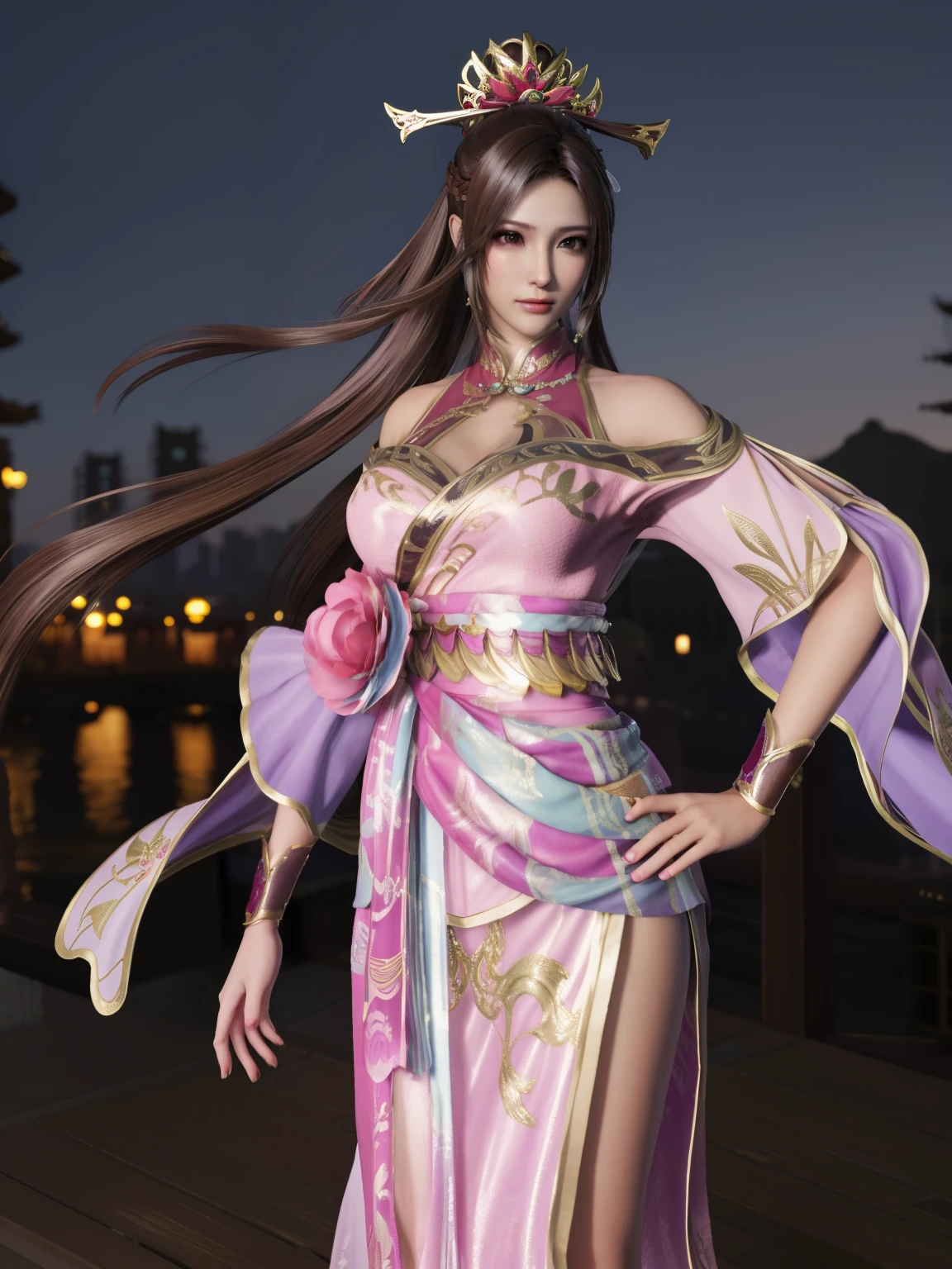ZSWSdiaochan, 1girl, solo, brown hair, long hair, dress, breasts, clothing cutout, wrist cuffs, obi,headgear,flower,looking at viewer, jewelry,ponytail, cityscape, night, mature female,hand on hip,