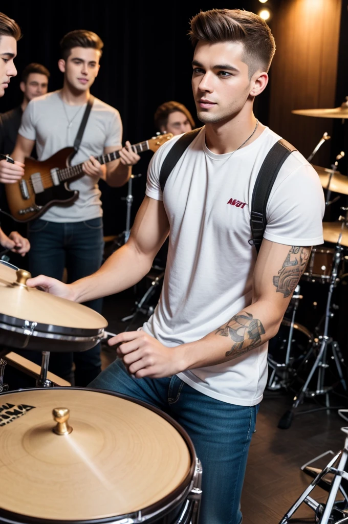 Thin and tall drummer, that he has only his black underwear on, same ones that have gold star designs