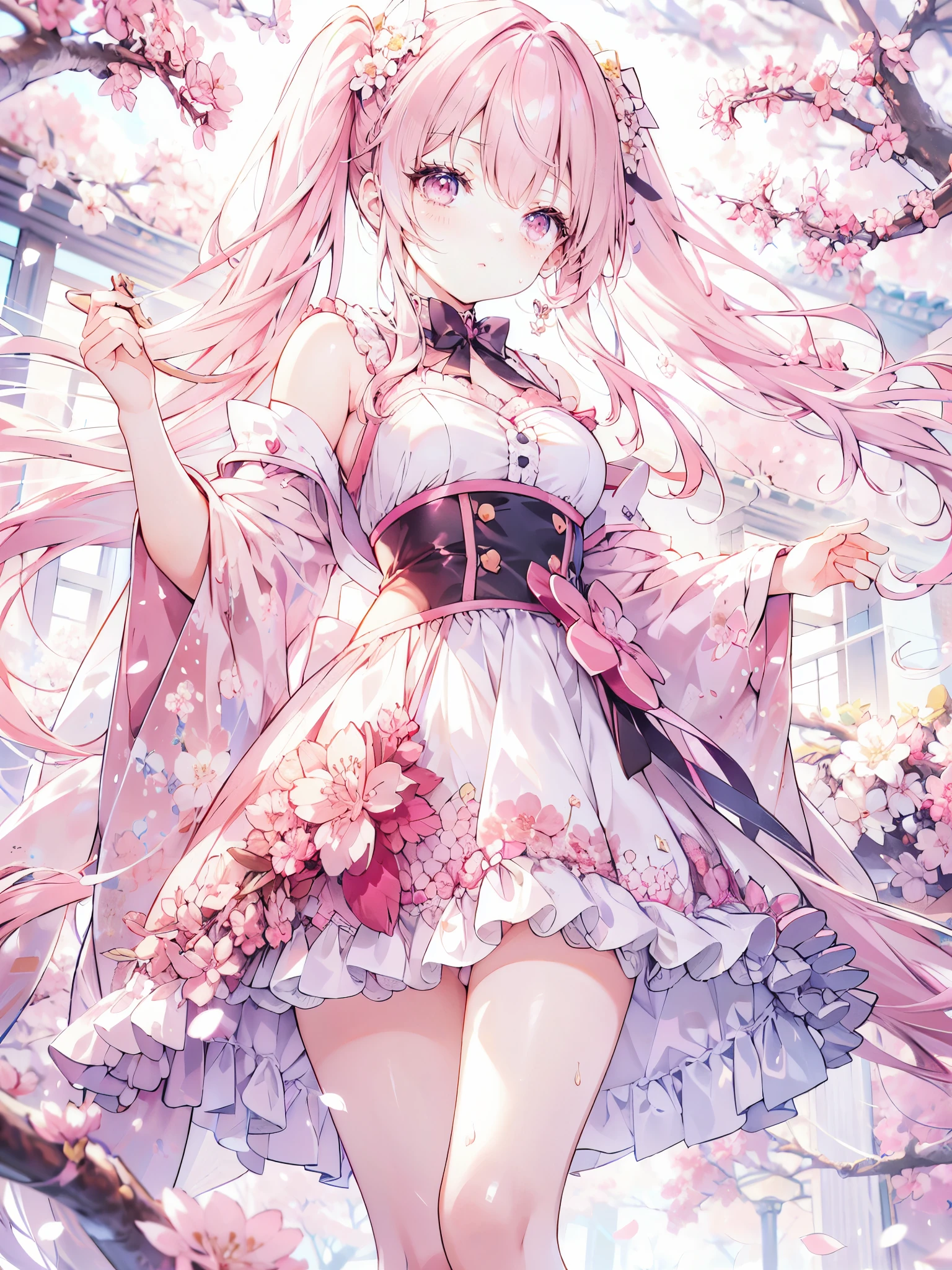  1 girl,  high definition models,  ultra-fine,  twin tails, Pink Hair,  pink eyes , ribbon, Lots of cherry blossoms　dress