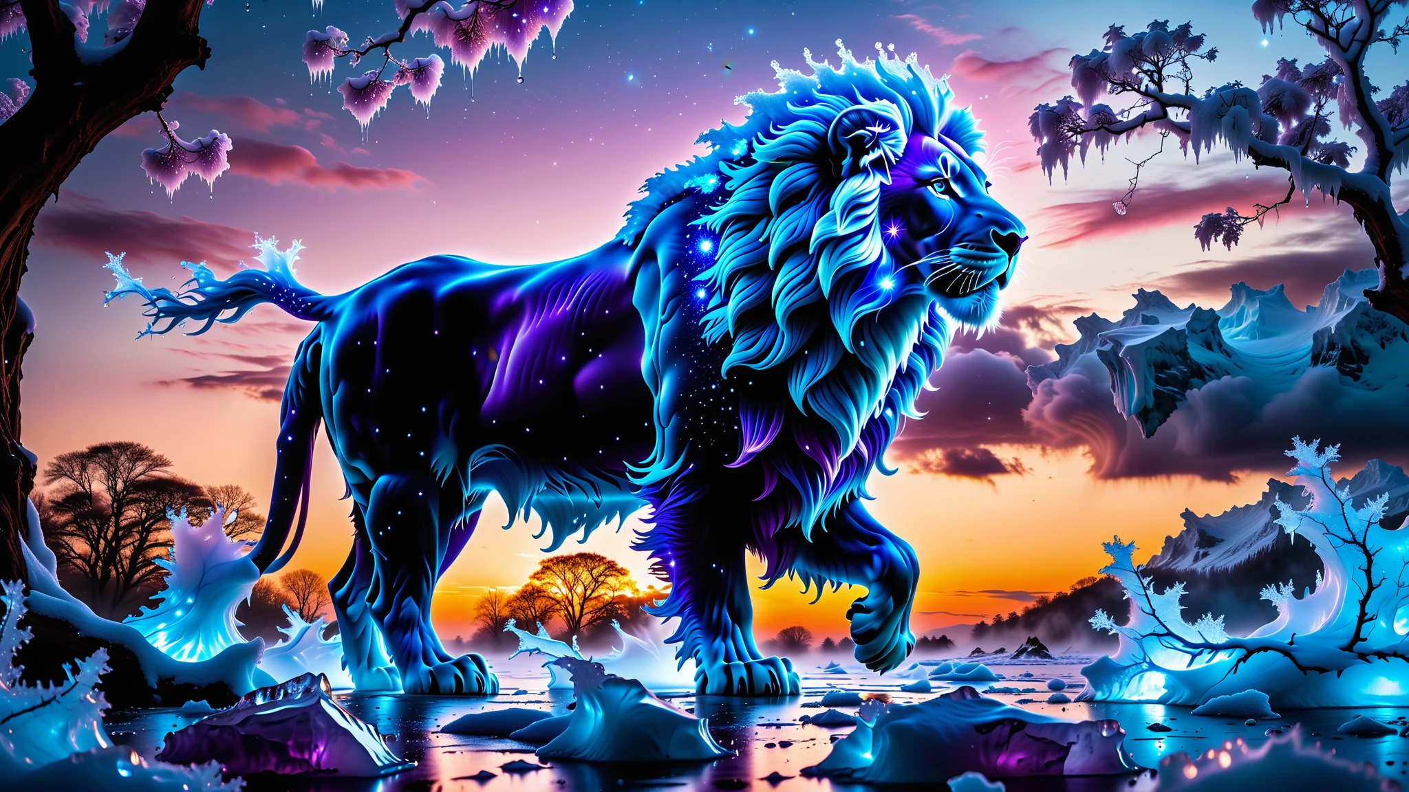 A Masterpiece In 32K Resolution, Supreme Quality, Super Detail, Official Art, Very High-Resolution 32K Wallpaper, Beautiful And Aesthetic, Ultra-Detailed Features, Awe-Inspiring Detail. Towering Bioluminescent Trees Reach Upward Into A Purple Sky, Their Branches Pulsating With Electric Blue Light. From Below Emerges A Colossal Ice Lion, Its Body Adorned With Frozen Armor-Like Fur. Its Fierce Face Glints In The Light, And Frosty Breath Leaves Trails Of Sparkling Ice In The Air. Majestic Floating Creatures Drift Through The Atmosphere, Their Silhouettes Merging With The Enchanting Landscape.