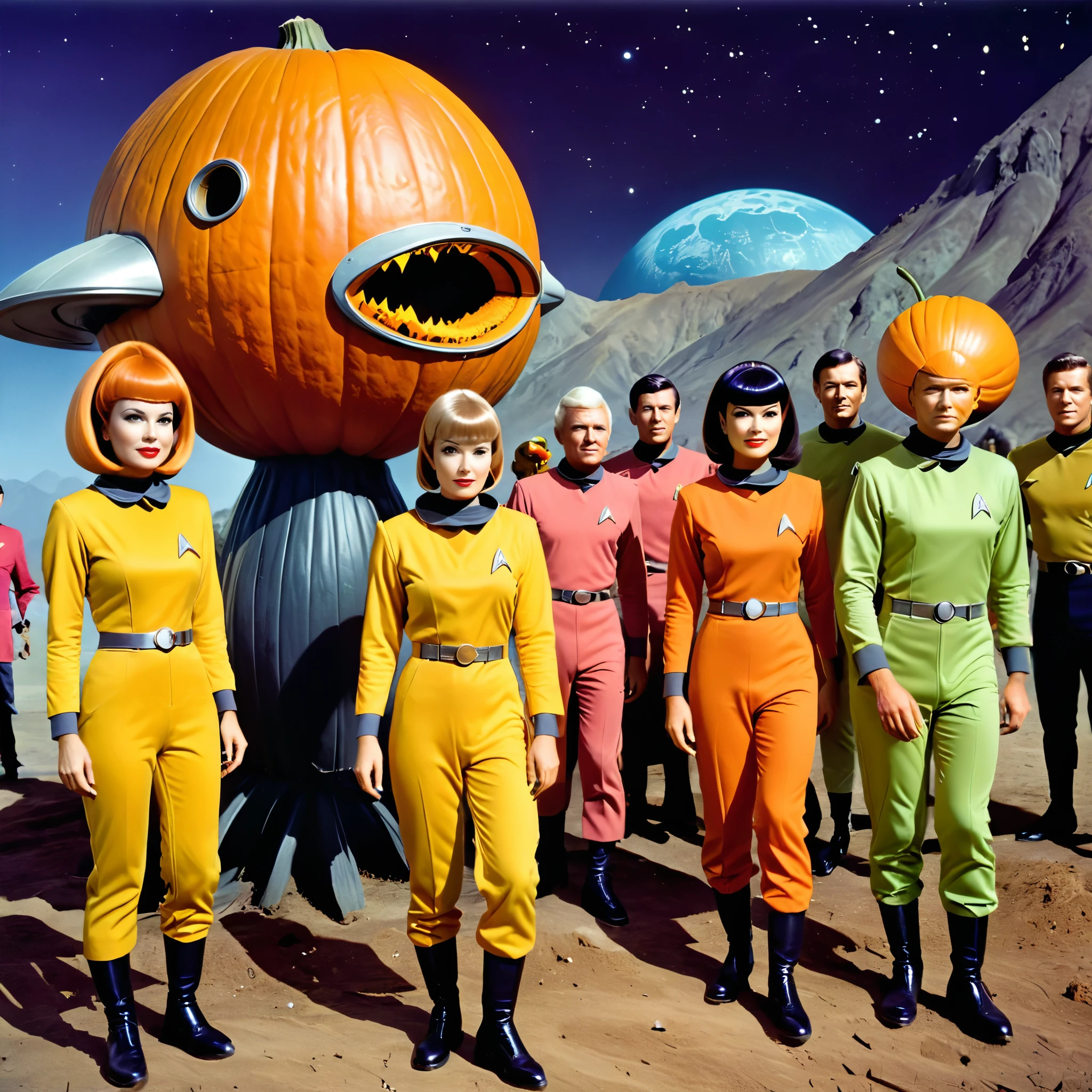 1960s TV series 、unknown planet、Pumpkin-headed Space Monster Attacks Earthlings Crew 、 Earthlings Crew Colourful Star Trek and Lost in Space Style Camp Uniforms,  retro look , Vintage, Old Style,  incluir um alien na tripulação ,