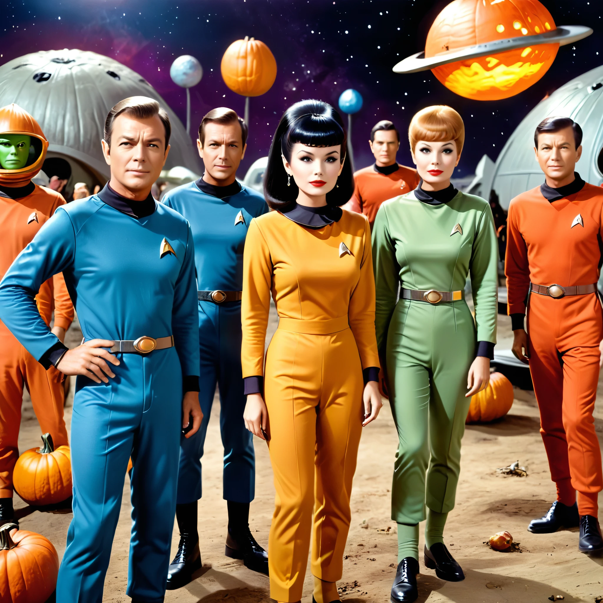 1960s TV series 、unknown planet、Halloween Pumpkin Space Monster Attacks Earthlings Crew 、 Earthlings Crew Colourful Star Trek and Lost in Space Style Camp Uniforms,  retro look , Vintage, Old Style,  incluir um alien na tripulação ,