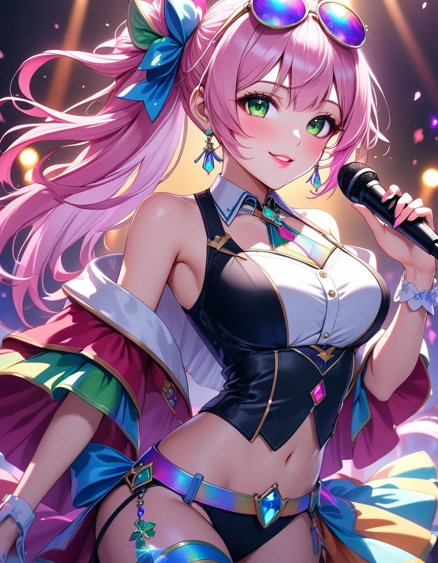 Generated in SFW,   1 girl, Alone, The best idol ,  enchanting stage ,  weekend that makes you smile, Exquisite Atmosphere  , Warm colors,  Fascinating costumes , Aphrodisiac aura  , A symbol of beauty,  best microphone , Seductive expression,  bright pink hair , Beautiful Lips, Five fingers, Beautiful green eyes