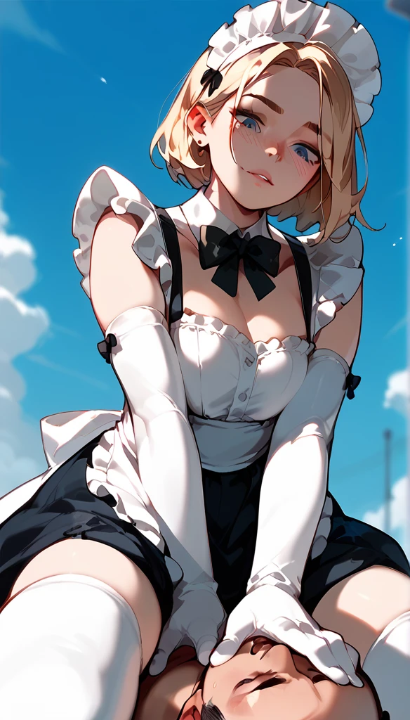 Anime Women, Maid uniform,  thigh boots, elbow gloves, Alone, straddling on face, arms between legs, wring the neck, From below, looking down, Point of View Shot