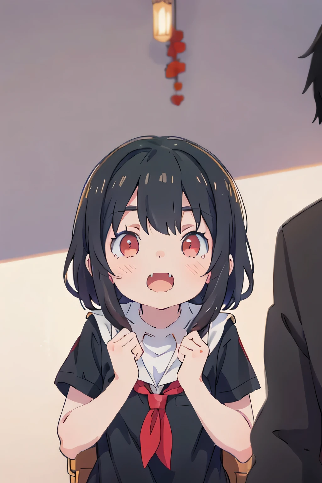 A con girl with short black hair and red eyes fangs open mouth wearing a school uniform and looking up at a man
