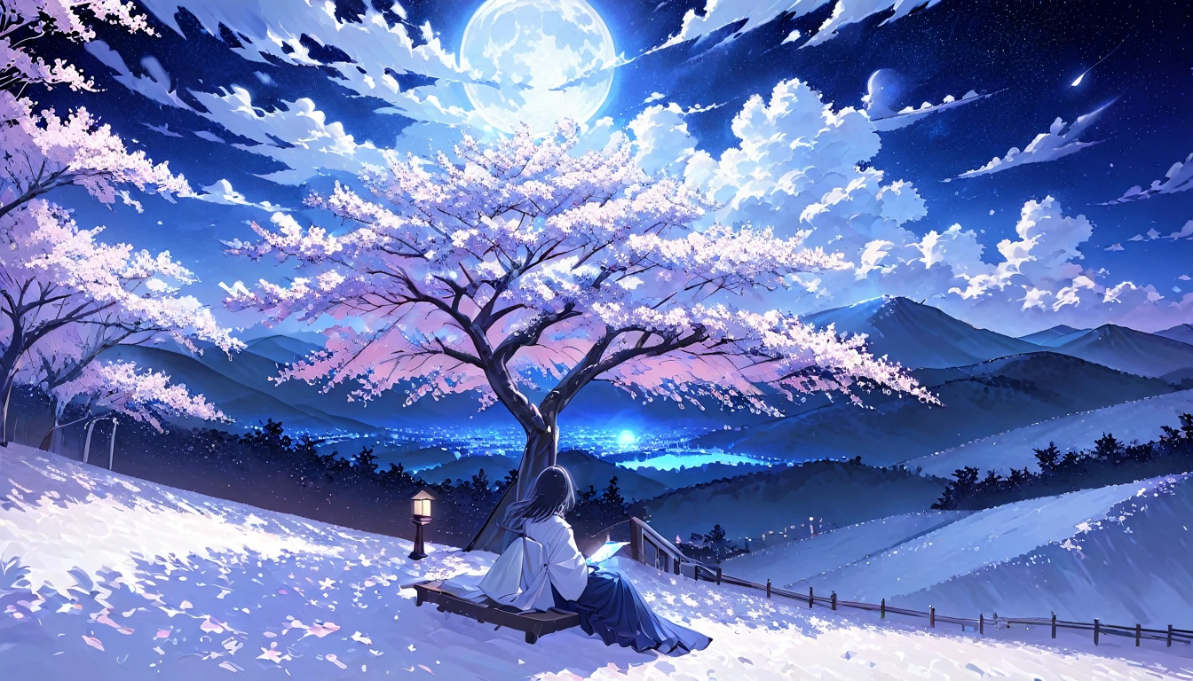 A woman,pastel, seated woman ,A cherry tree,Under the cherry blossom trees, cherry trees on top of the mountain,Under the night sky ,Light shines on , bright white clouds ,clear,Many stars, intense moonlight ,Overlooking,A touching scene,Strong contrast