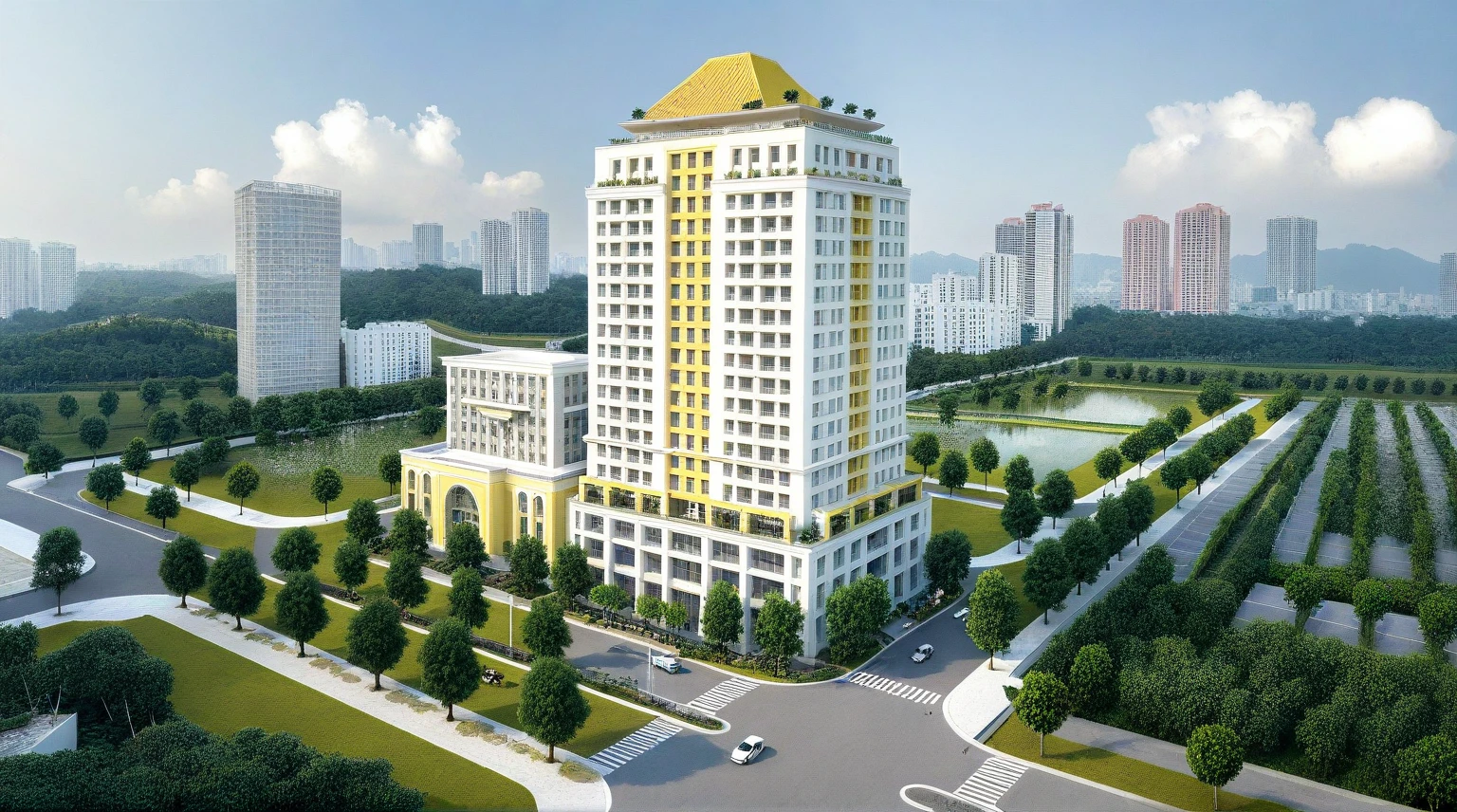 shangyejie, a residential towers, with a small podium at the ground floor and white color, in the Ho Chi Minh city in Viet Nam, designed in the style of modern architectural style. light yellow, random color, The towers have rectangular balconies on each side.side view,During the daytime, natural lighting, architectural photography, masterpiece, best quality, photorealism, ultra relistic, 