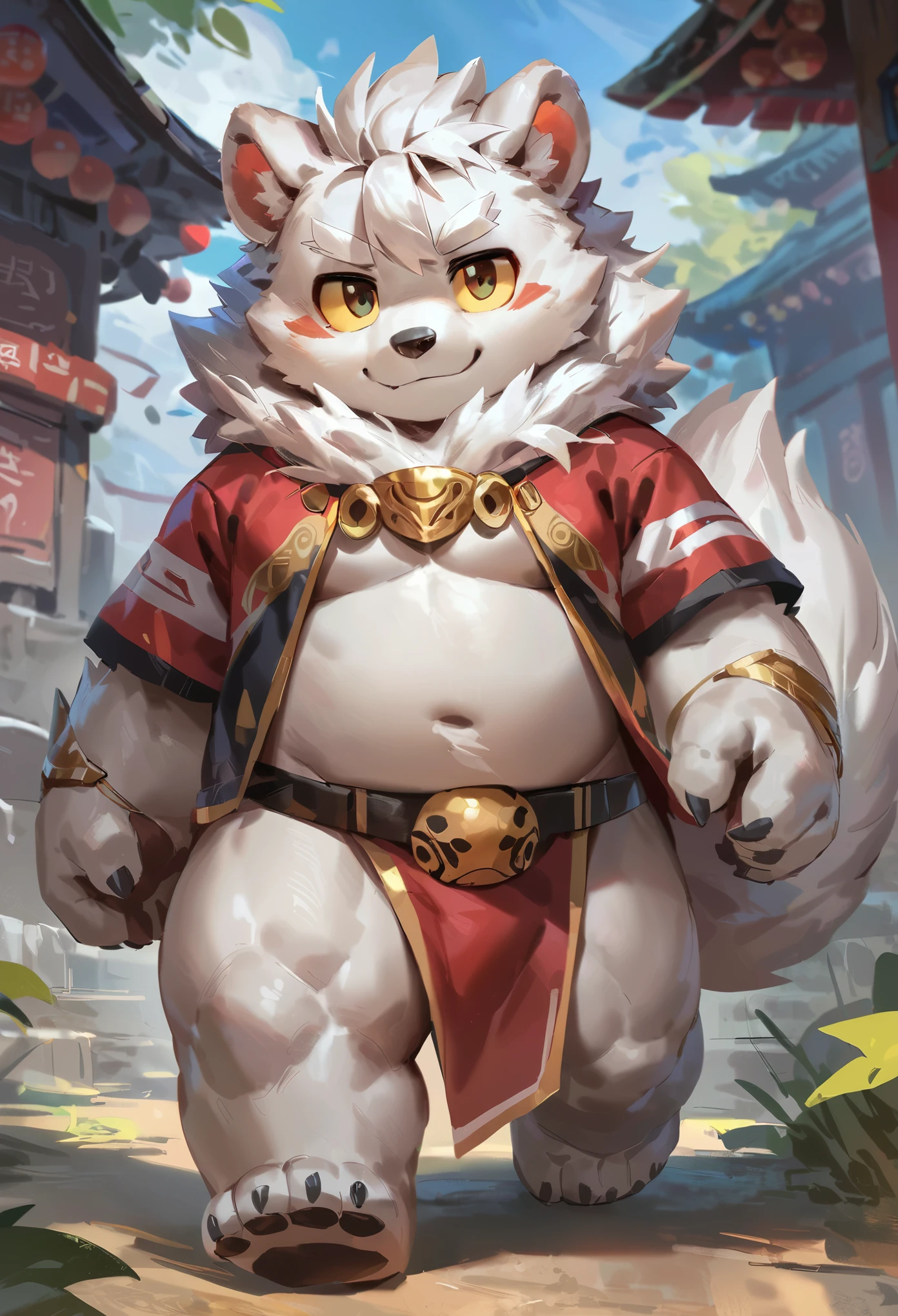 (artist: lindong, null-ghost, ) 1male, sfw, eastern white bear, White hair,cute,character design, bara, one fluffy tail, child, fluffy mane, perfect eyes, white body, white hair, background, solo, golden decals, casual clothes, Round and small bear ears, yellow sclera, big eyes,, sharp iris, thick thighs, veiny, fluffy hair, detailed face:2.0, masterpiece:2.0, perfect eyes, smug, chest fluff, (SuperQuality:1.0) ~ (SuperQuality:1.2)