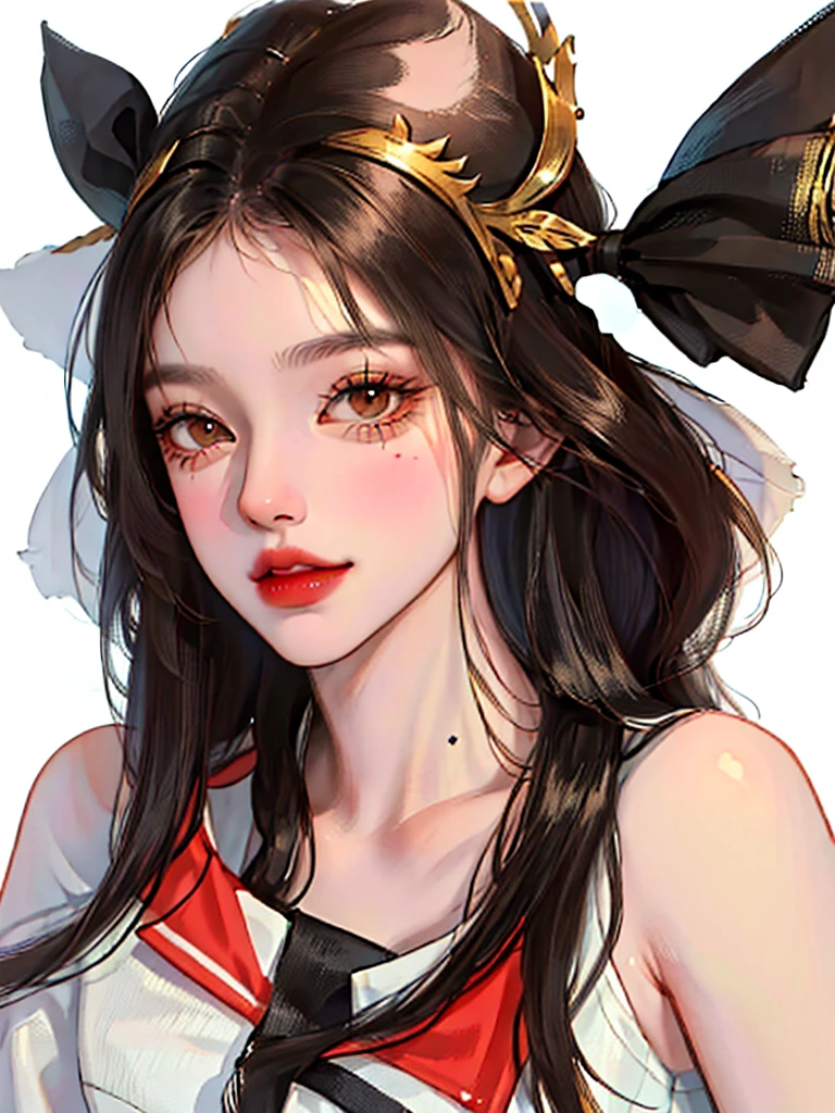 ( High Resolution , different_picture) คุณpictureที่ดีที่สุด, woman,  Masterpiece ,   with high detail  , (Semi-realistic), Long black hair, Long straight hair, Black bangs ,  maturity ,  with cherry glossy lips, White background,  pictureระยะใกล้ ,   eyes are round hard  , , , Get fit, Brown eyes,  wearing a cute dress , High school students, wearing jewelry