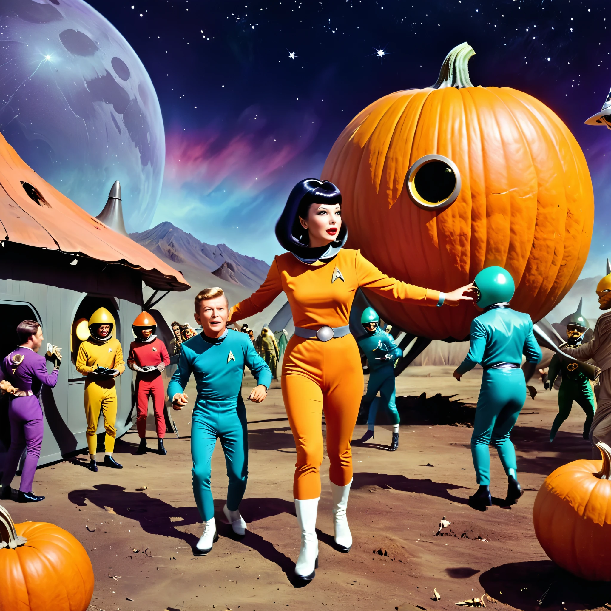 1960s TV series 、unknown planet、Halloween Pumpkin Space Monster Attacks Earthlings Crew 、 There is one woman in a colorful Star Trek and Lost in Space style camp uniform for the Earthling Crew,  retro look , Vintage, Old Style,  incluir um alien na tripulação ,An Earthling Woman Being Grabbed by a Space Monster 