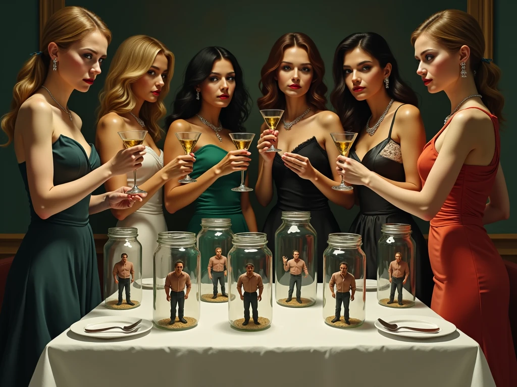 Little men trapped in jam jars one by one 、 8 bottles arranged on the table 、 women are holding cocktail glasses in their hands looking down at the table、 men look troubled 、Women smile 、 high definition、Realistic painting style、High-end restaurant background 、Knife and fork on the table 、Women have unique dresses 、