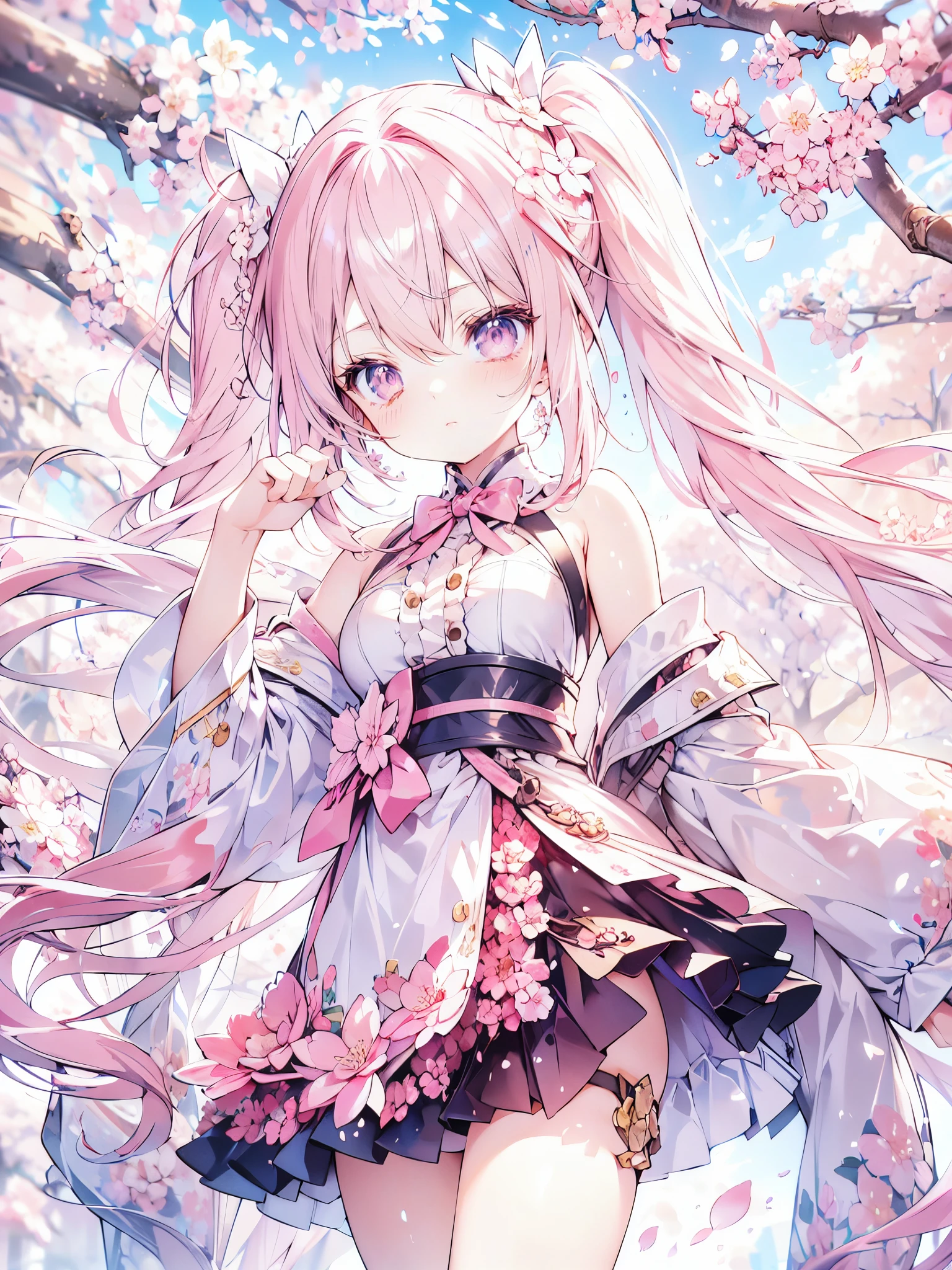  1 girl,  high definition models,  ultra-fine,  twin tails, Pink Hair,  pink eyes , ribbon, Lots of cherry blossoms