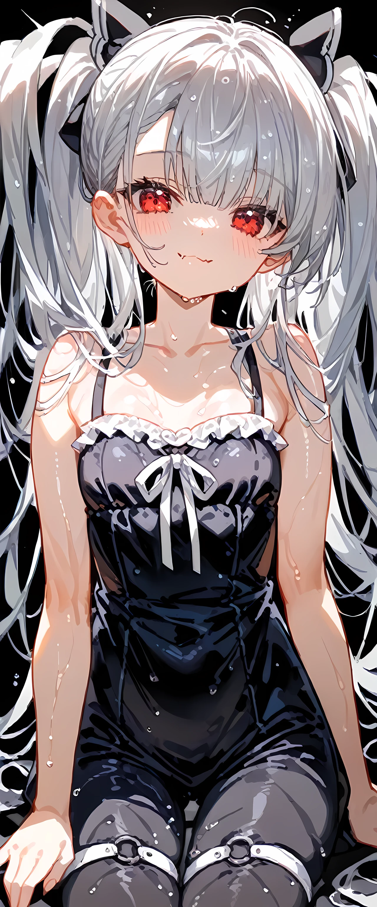 ((( black background)))( High ReSolution の傑作, 超 High ReSolution , high detailed,  High ReSolution モデル,  beSt quality:1.2), Girl , white Skin,Oily, Sweaty Skin,  Sparkling Silver BangS ,  highlight color hairStyle,Inner Color, Behind the ear, wet hair ,Silver twintailS , Diagonal bangS, Hair covering the eyeS:1.3,  Cookhold Subjective (maSterpiece:1.5), Super detaileded,  High ReSolution , 8k,  Beautiful Sparkling Red EyeS 、detailed, 1 cute girl, S , Small breaStS,Small breaStS, Girly DreSS Goth Outfit ,Evil Fang Smile ,Fang Smile,pantS,ExpoSe,Black tightS,twintailS,
