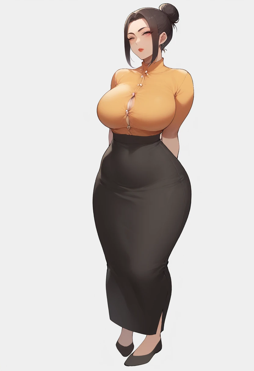 Score_9, score_8_up, score_7_up, score_6_up, source_anime, Nyantcha style, 1girl, solo, petite, full body shown, standing white background, asian, asian face features, older woman, adult woman, milf, round face, detailed face, short hairstyle, strict hair bun, very sleek hair bun, top hair bun, strict  expression, short sleeved button up blouse, long black pencil skirt, long skirt, wide hips