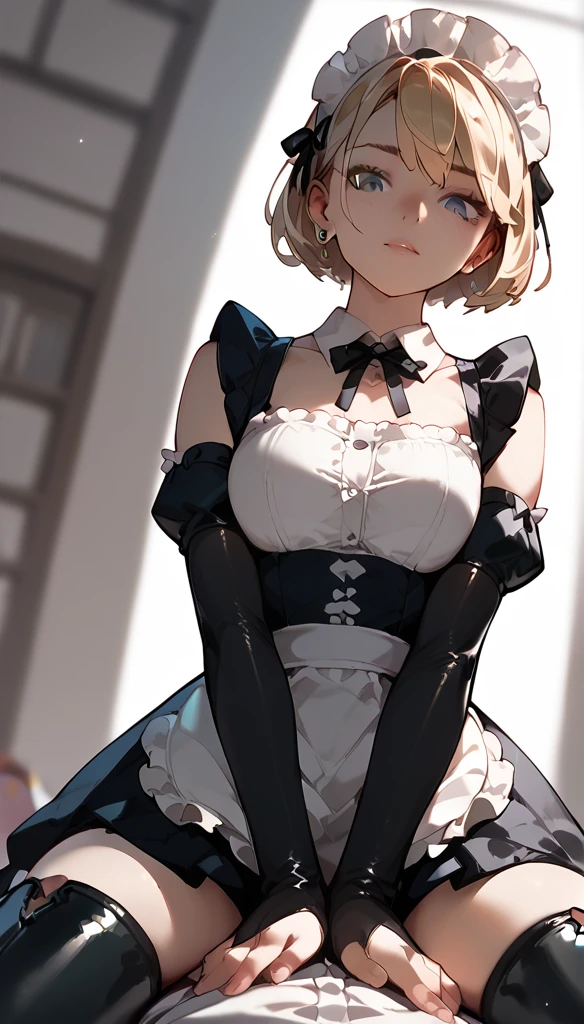 Anime Women, Maid uniform,  thigh boots, elbow gloves, Alone, straddling on face, arms between legs, wring the neck, From below, looking down, Point of View Shot