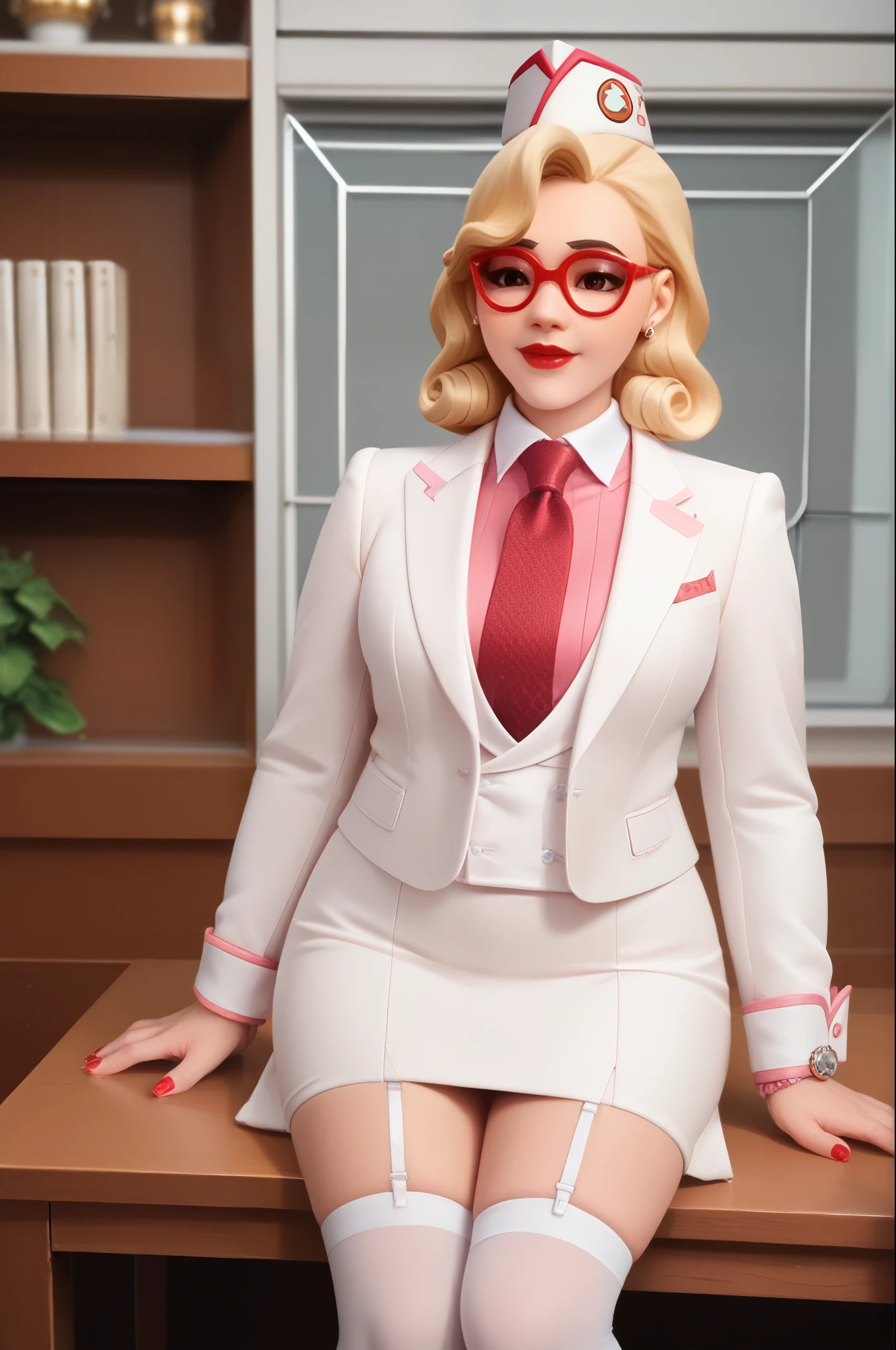 score_9, score_8_up, score_7_up, 1girl, sprinkles mei, mei (overwatch),  three-piece suit, 1girl, solo, blonde hair, glasses, sprinkles mei, smile, pretty, formal, jewelry, (((white skirt suit))), (((red silk necktie))), earrings, (((white jacket))), (((pink shirt with white collar))), sitting on table, (((high heels))), window, watch, jacket, wristwatch, white shirt, red lips, (((white pencil skirt))), (((bodycon pencil skirt))), makeup, black stockings, garter straps, cufflinks, red nails, fully clothed, red lipstick,   in a 50´s restaurant, long sleeves, shiny clothing, tight clothing, (((tight skirt))), silk shirt fabric