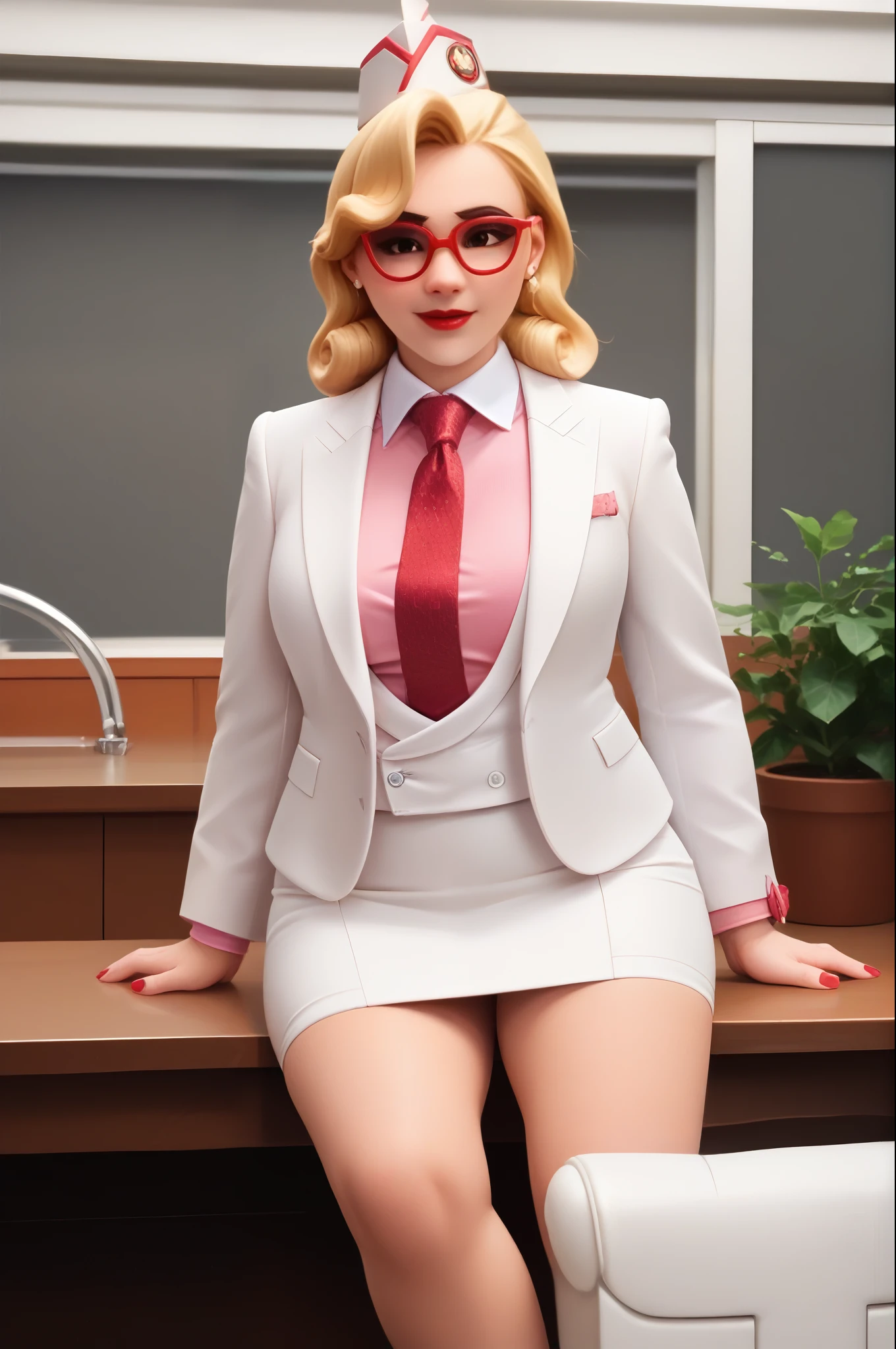 score_9, score_8_up, score_7_up, 1girl, sprinkles mei, mei (overwatch),  three-piece suit, 1girl, solo, blonde hair, glasses, sprinkles mei, smile, pretty, formal, jewelry, (((white skirt suit))), (((red silk necktie))), earrings, (((white jacket))), (((pink shirt with white collar))), sitting on table, (((high heels))), window, watch, jacket, wristwatch, white shirt, red lips, (((white pencil skirt))), (((bodycon pencil skirt))), makeup, black stockings, garter straps, cufflinks, red nails, fully clothed, red lipstick,   in a 50´s restaurant, long sleeves, shiny clothing, tight clothing, (((tight skirt))), silk shirt fabric