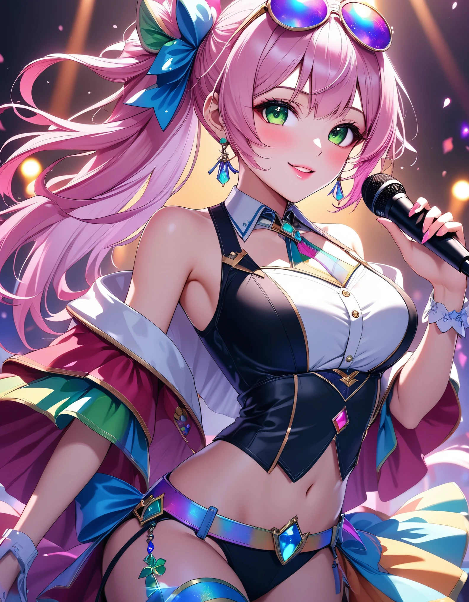 Generated in SFW,   1 girl, Alone, The best idol ,  enchanting stage ,  weekend that makes you smile, Exquisite Atmosphere  , Warm colors,  Fascinating costumes , Aphrodisiac aura  , A symbol of beauty,  best microphone , Seductive expression,  bright pink hair , Beautiful Lips, Five fingers, Beautiful green eyes